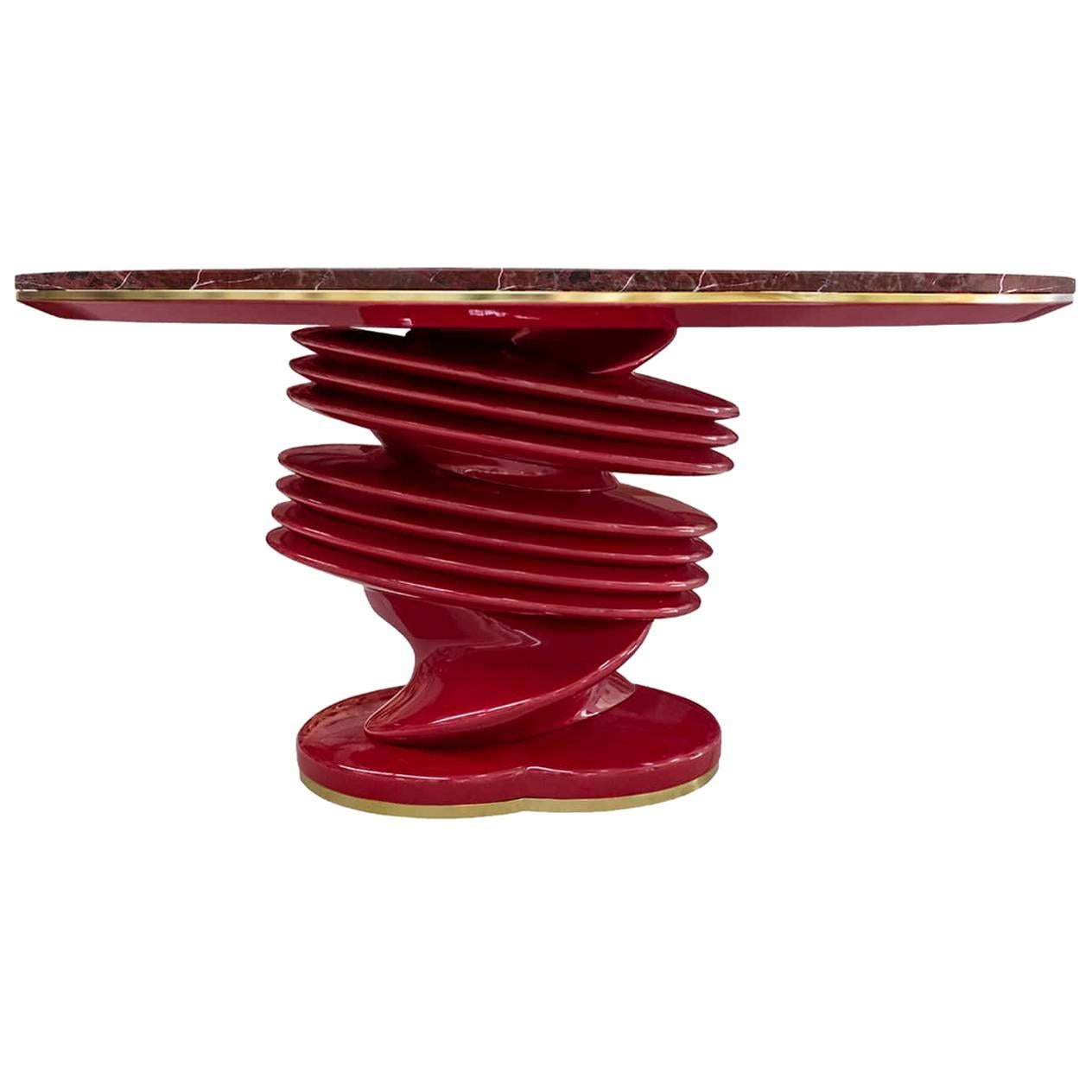 Contemporary Red Levanto Marmor Oval Esstisch mit Sockel Lackiert in Rot im Angebot