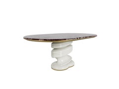 Contemporary Red Levanto Marble Oval Dining Table With Base Lacquered in White