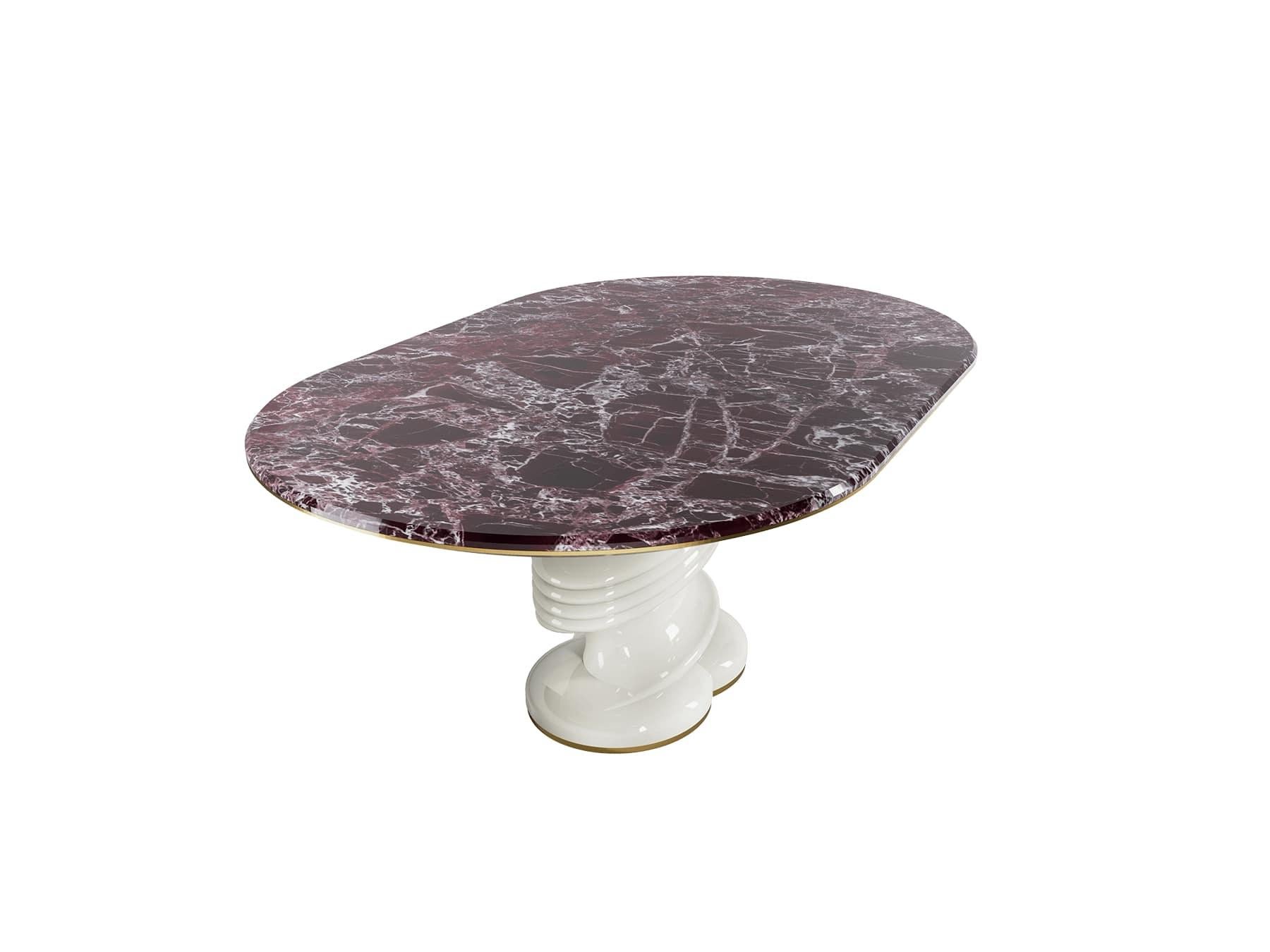 Organic Modern Contemporary Red Levanto Marble Oval Dining Table With Base Lacquered in White For Sale