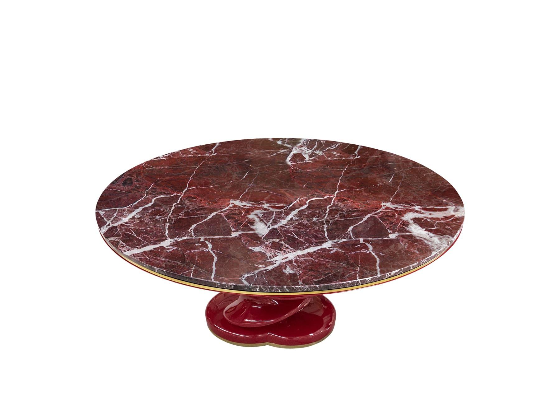 Brass Contemporary Red Levanto Marble Oval Dining Table With Base Lacquered in White For Sale