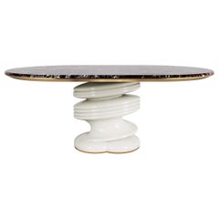Contemporary Red Levanto Marble Oval Dining Table With Base Lacquered in White