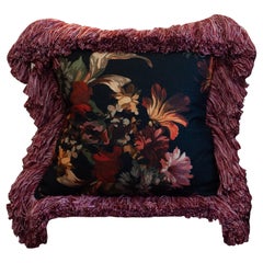 Cuscino contemporaneo in lino floreale rosso e multicolore con frangia lunga a spazzola