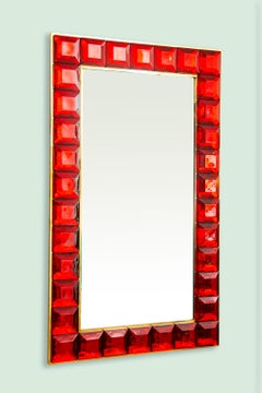 Mid-Century Modern Red Murano Glass Mirror with Brass Gallery, Italy