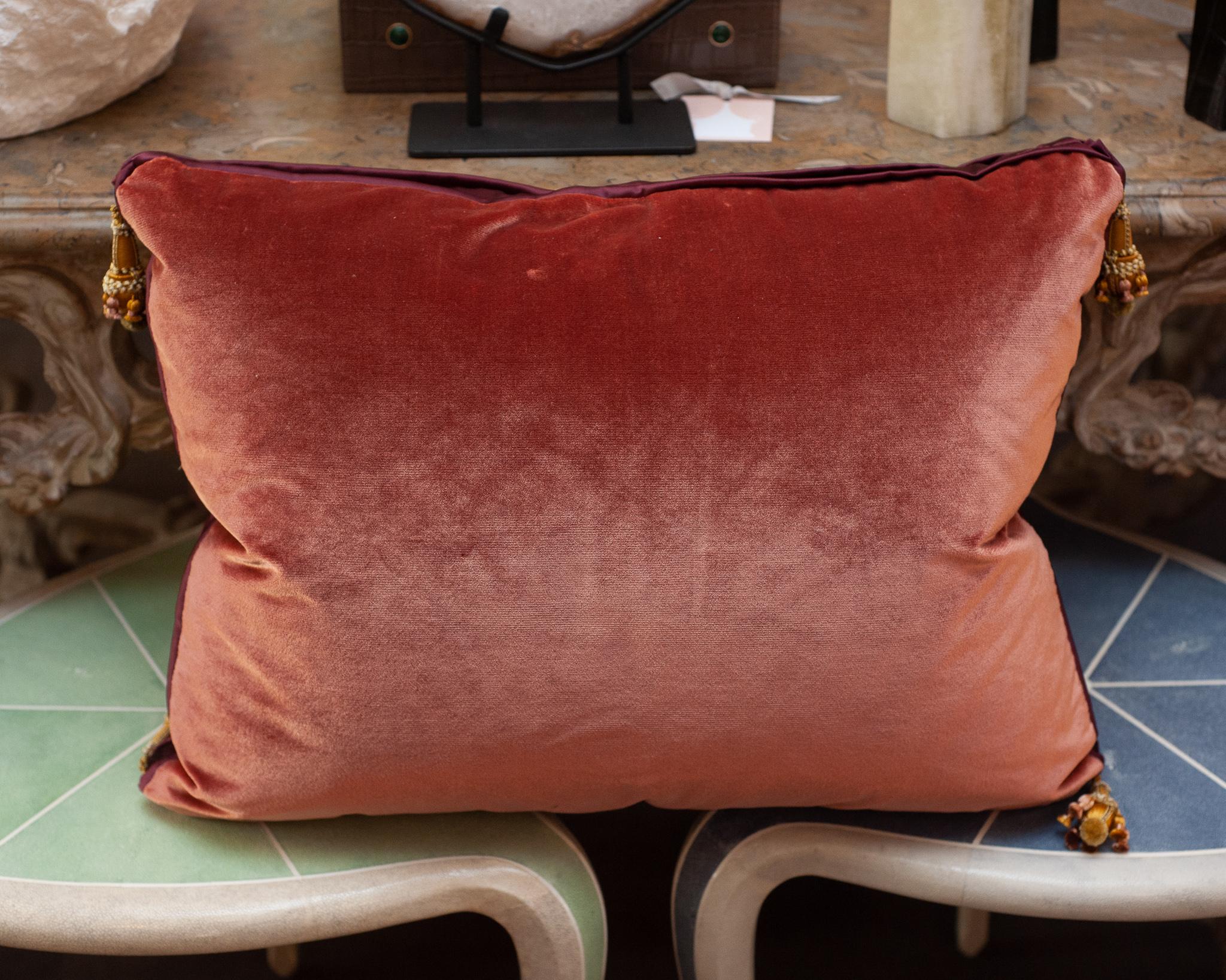 Canadian Contemporary Red-Orange Silk Brocade Pillow with Ornate Floral Embroidery