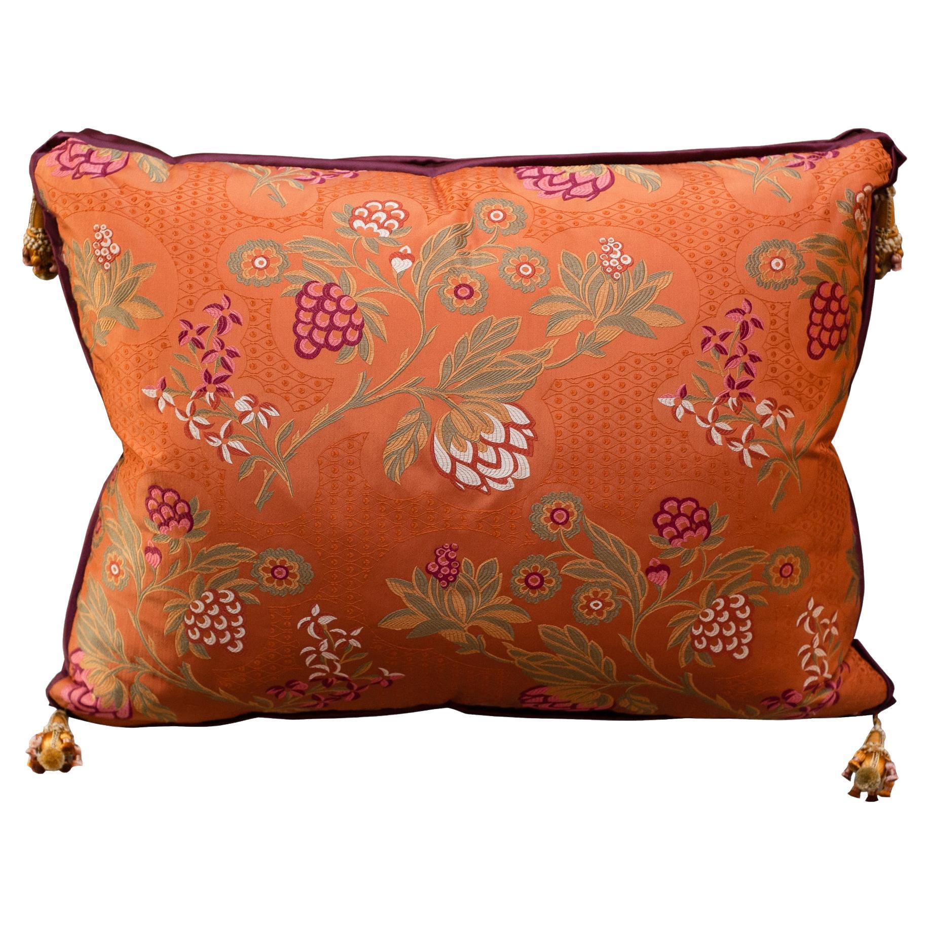 Contemporary Red-Orange Silk Brocade Pillow with Ornate Floral Embroidery