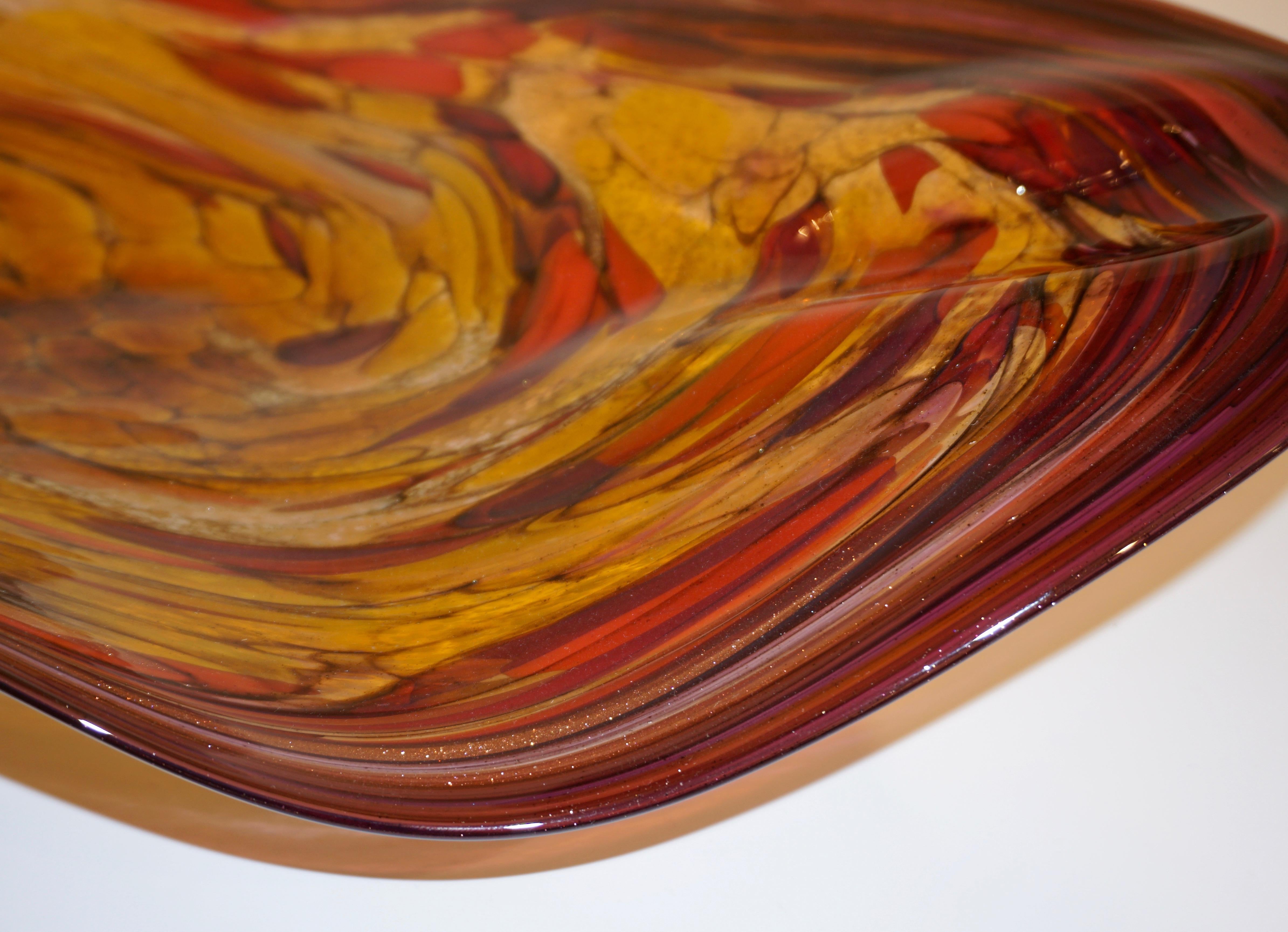 Contemporary Red Purple Yellow Amber Gold Blown Art Glass Centerpiece / Platter 8