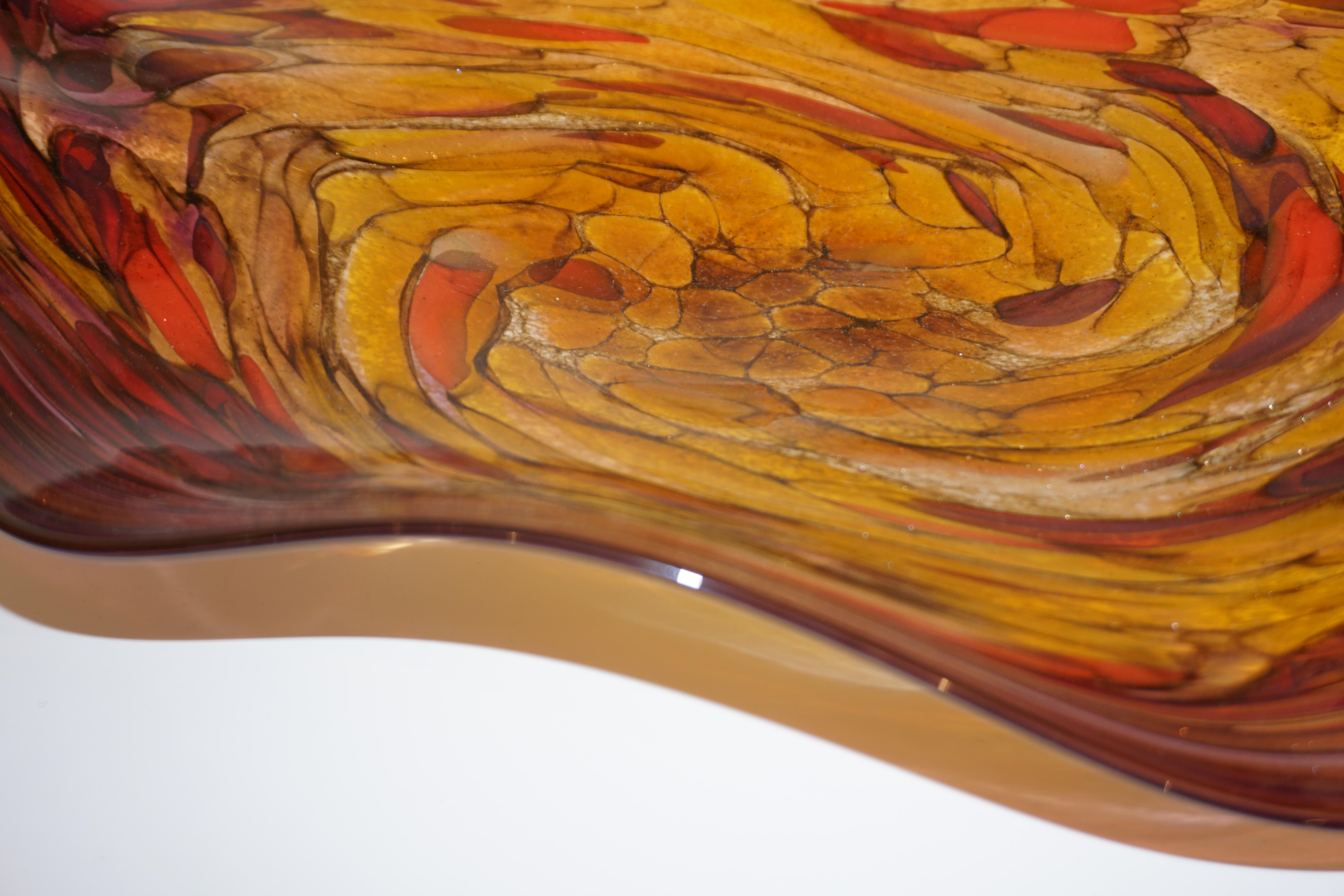 Contemporary Red Purple Yellow Amber Gold Blown Art Glass Centerpiece / Platter 9