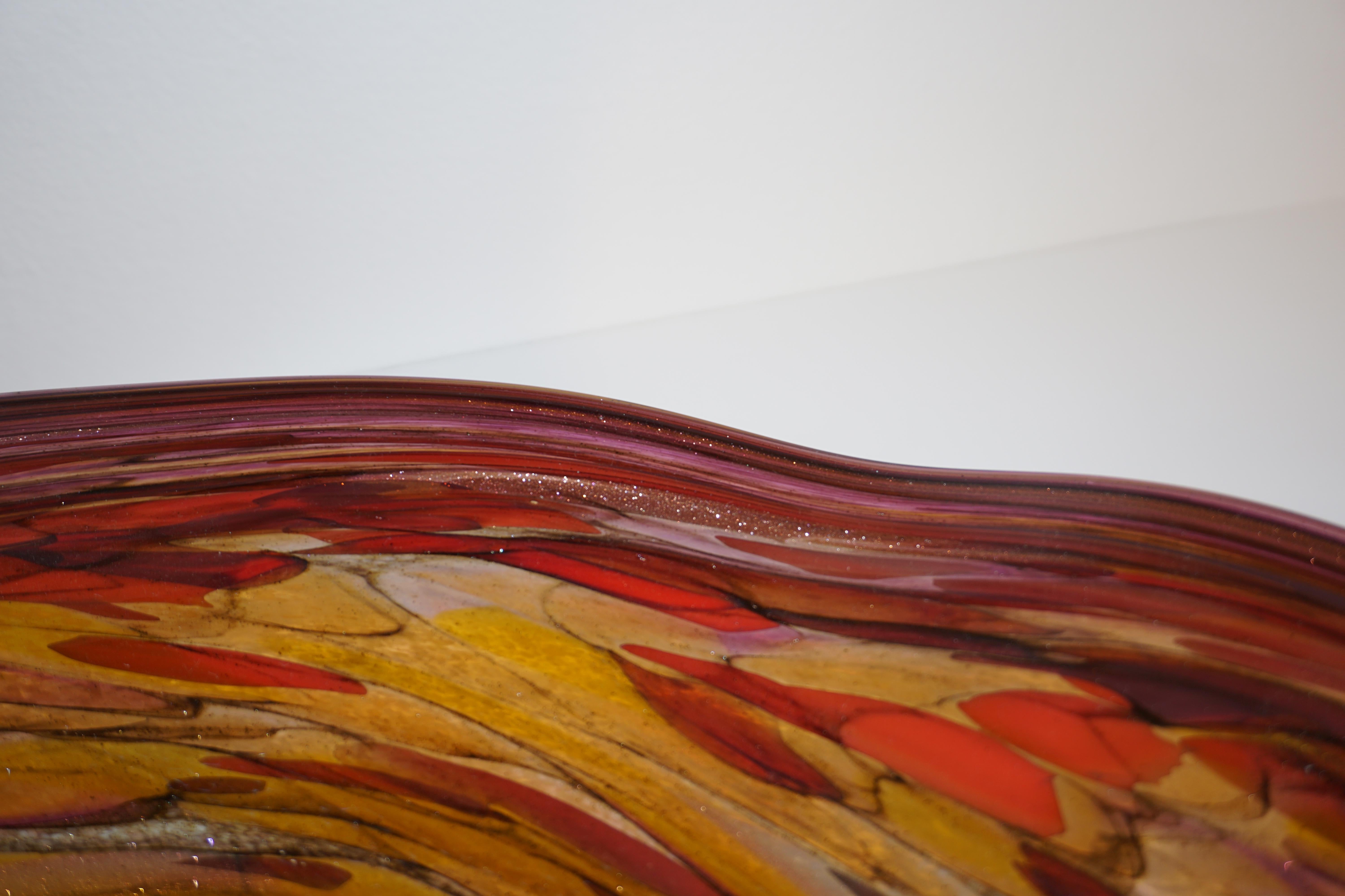 Contemporary Red Purple Yellow Amber Gold Blown Art Glass Centerpiece / Platter 10