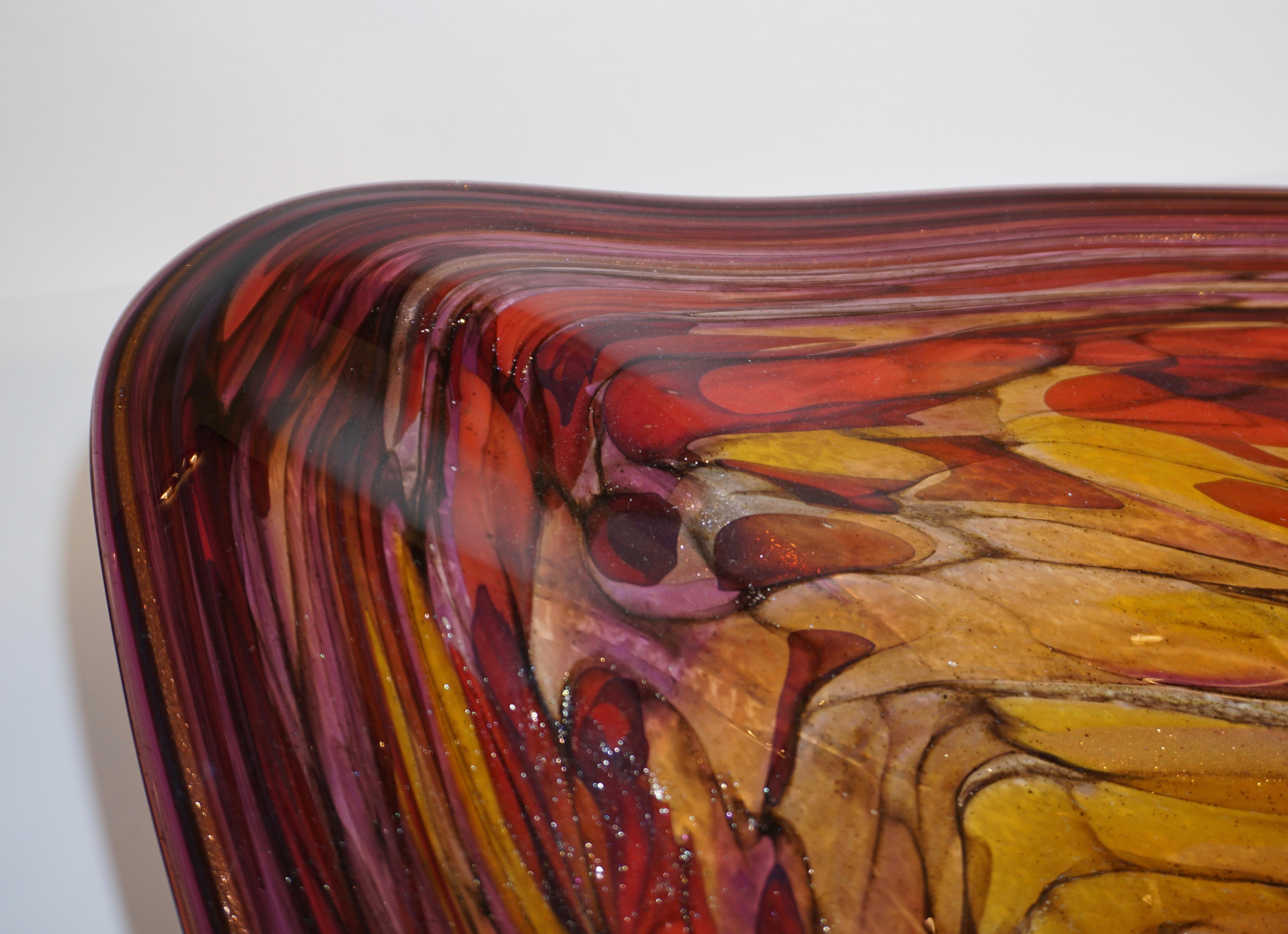 Contemporary Red Purple Yellow Amber Gold Blown Art Glass Centerpiece / Platter 11