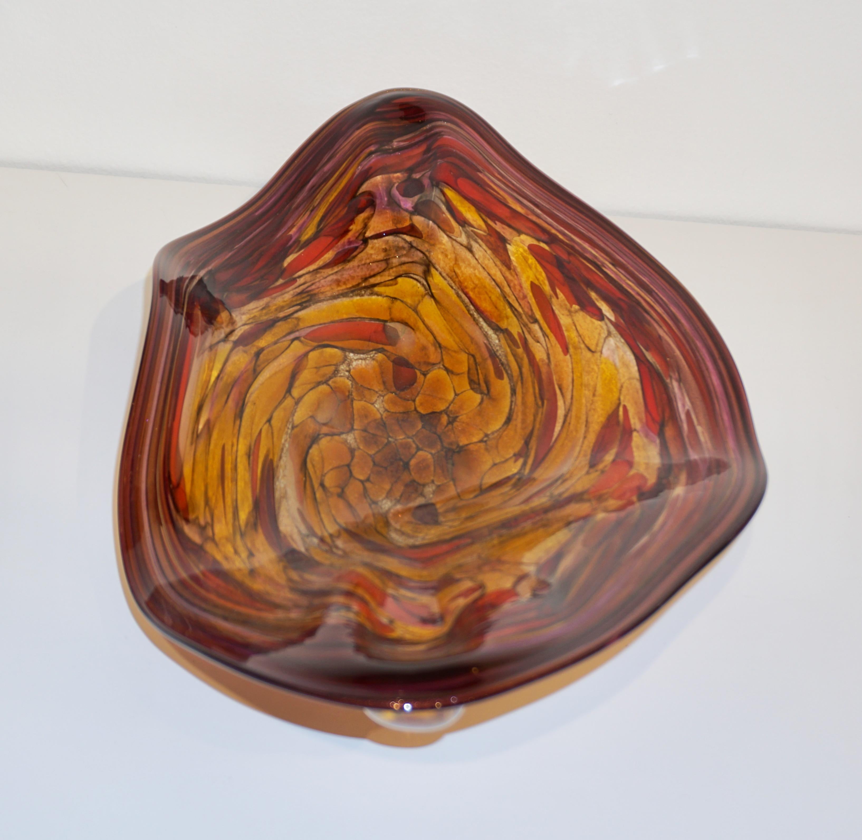 Contemporary Red Purple Yellow Amber Gold Blown Art Glass Centerpiece / Platter 12