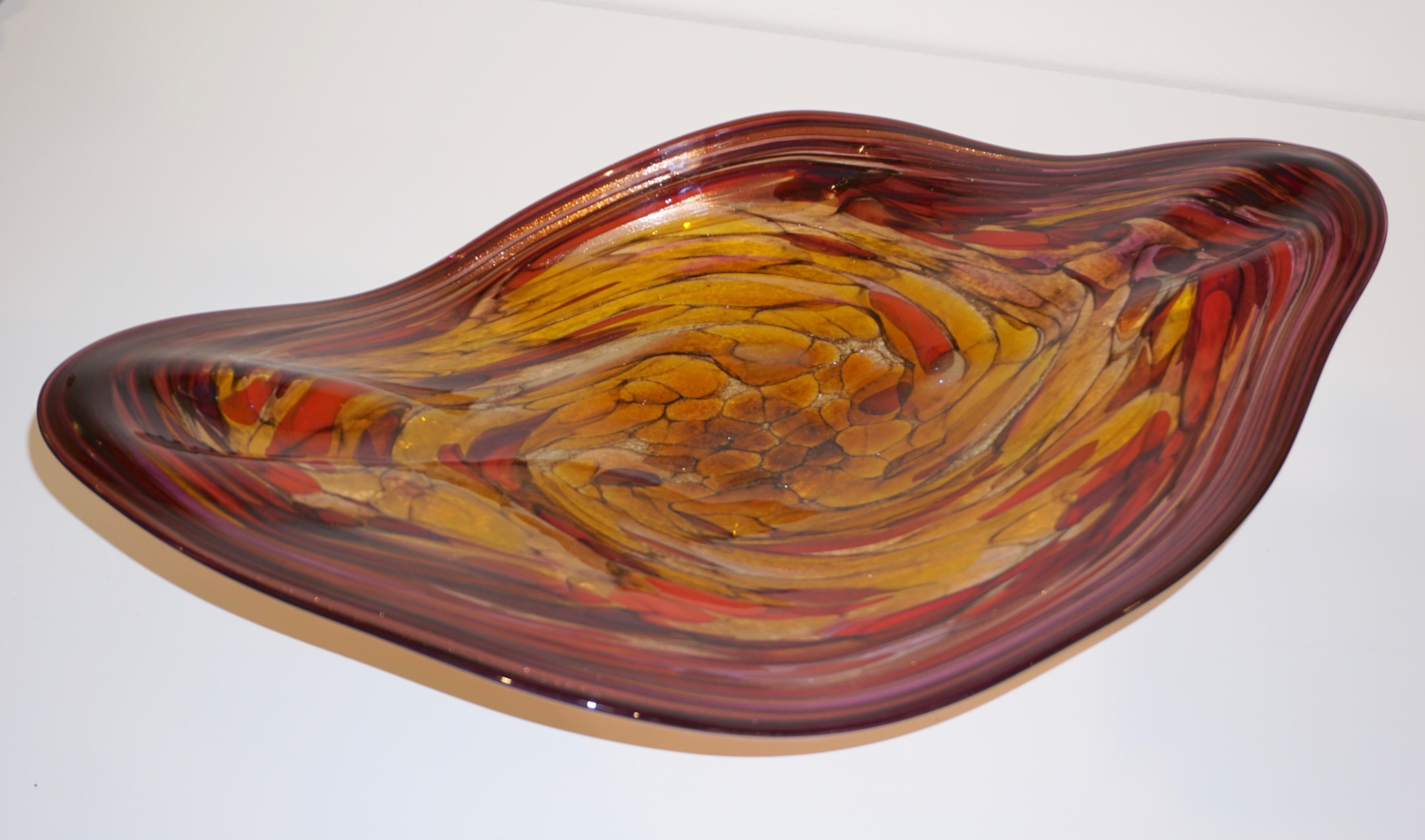 Contemporary Red Purple Yellow Amber Gold Blown Art Glass Centerpiece / Platter 13