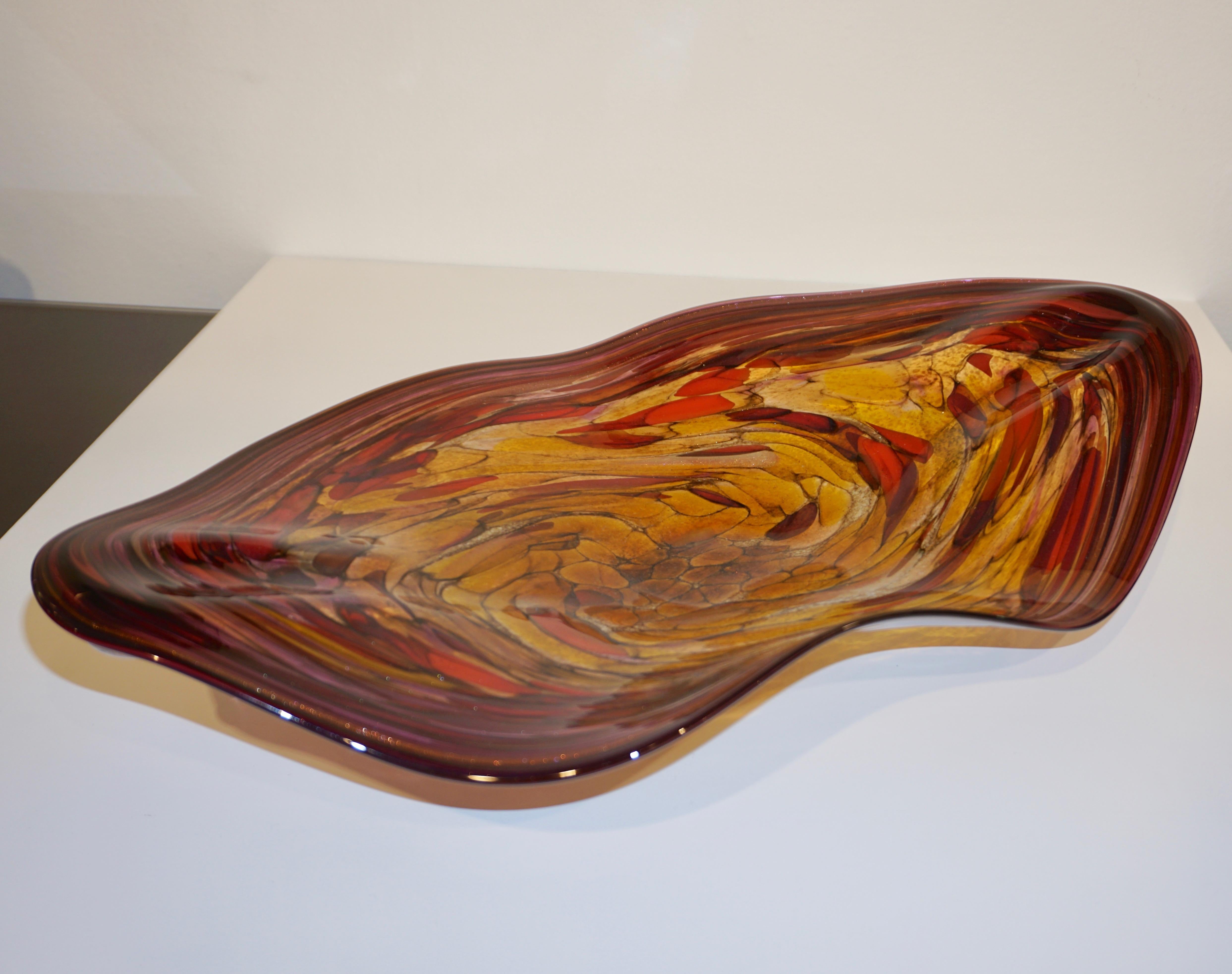 Organic Modern Contemporary Red Purple Yellow Amber Gold Blown Art Glass Centerpiece / Platter