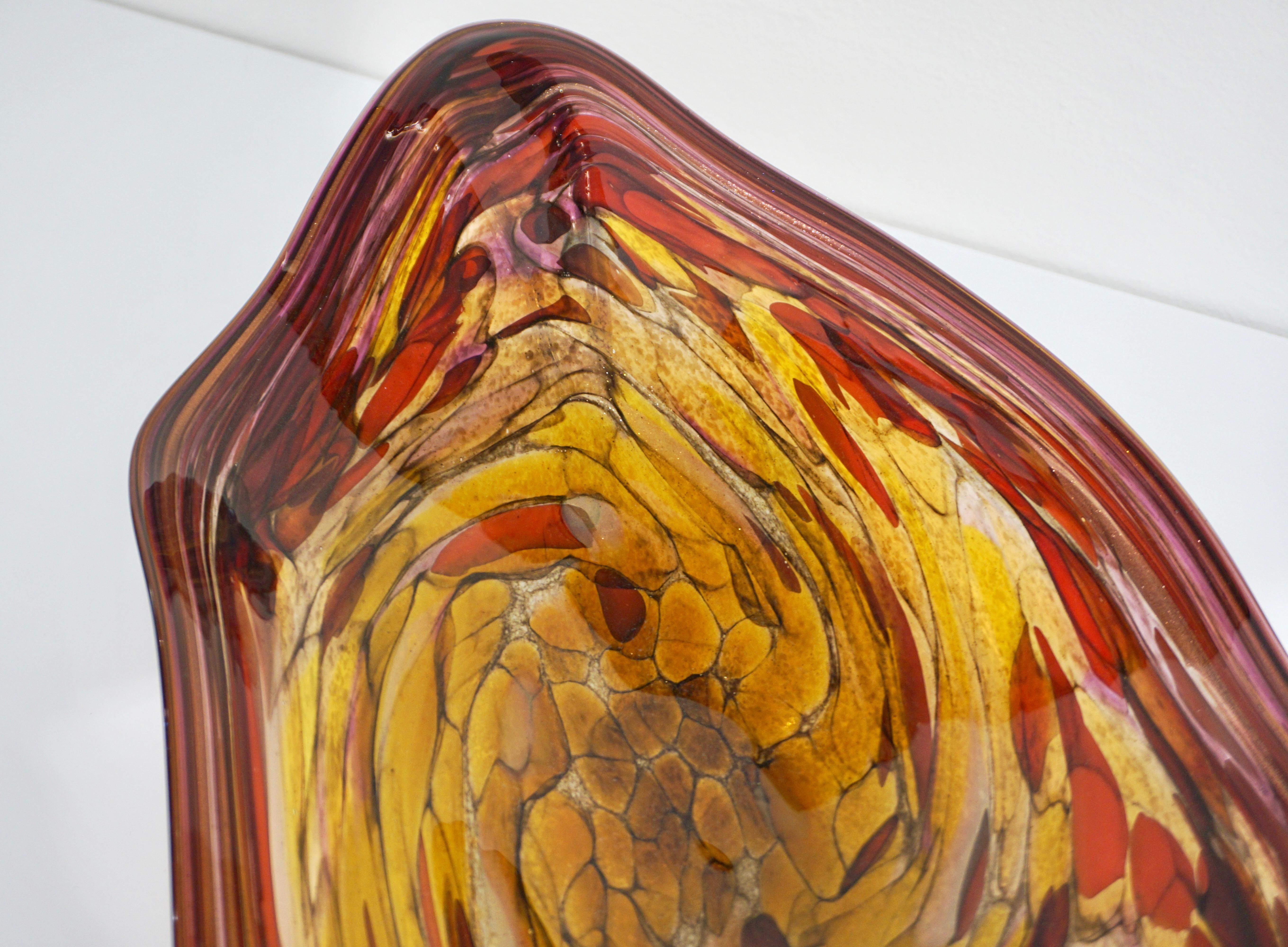 Contemporary Red Purple Yellow Amber Gold Blown Art Glass Centerpiece / Platter 6
