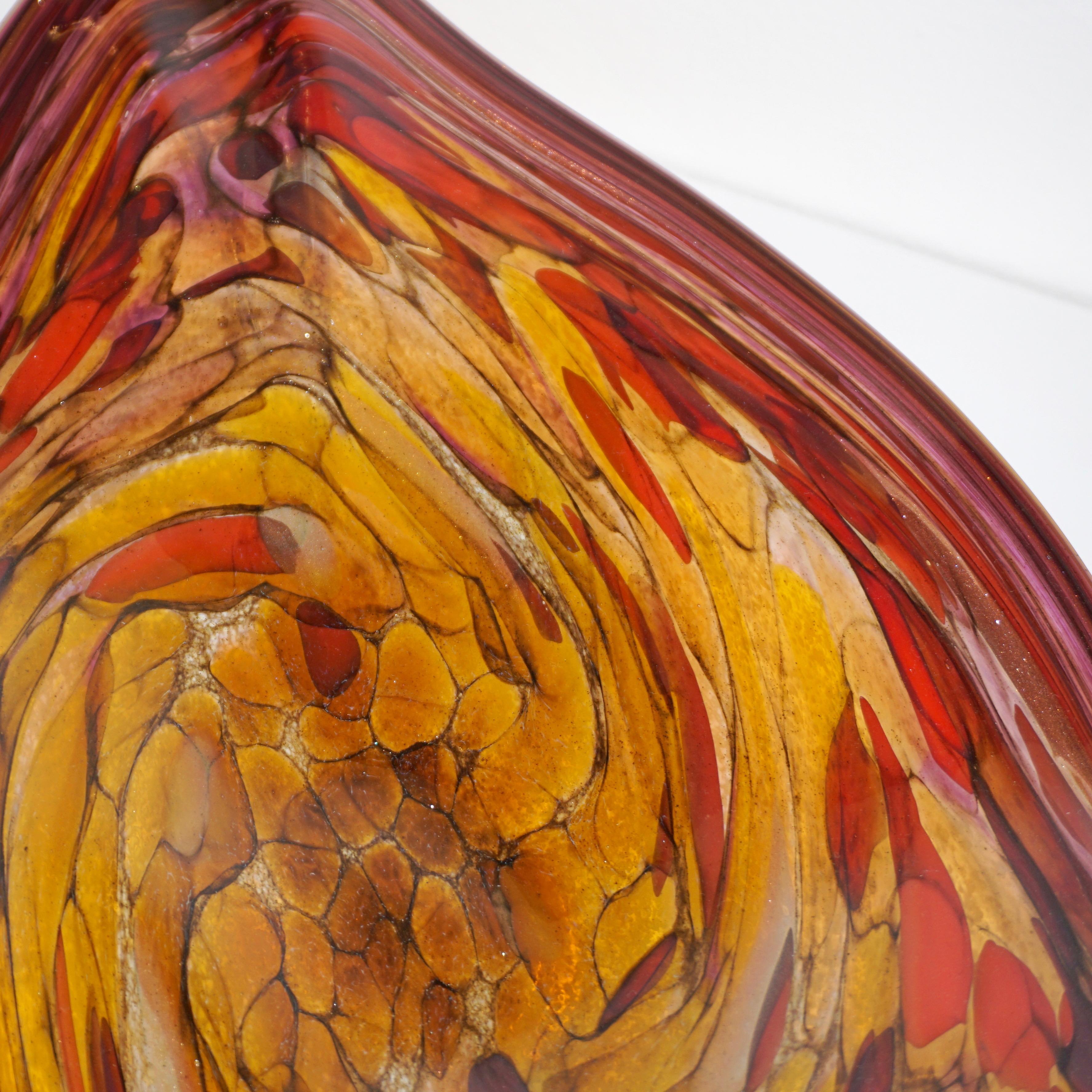 Hand-Crafted Contemporary Red Purple Yellow Amber Gold Blown Art Glass Centerpiece / Platter