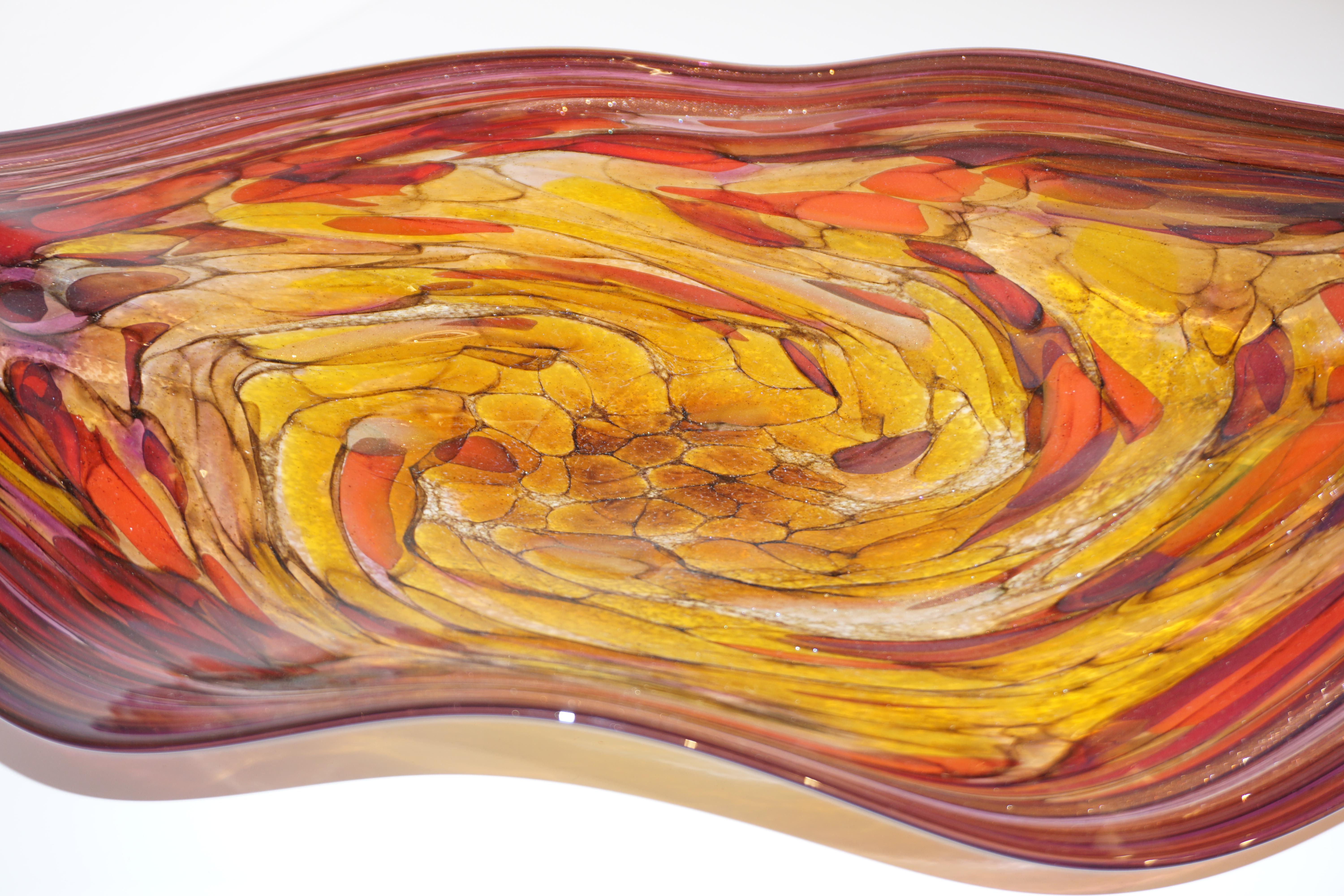 Contemporary Red Purple Yellow Amber Gold Blown Art Glass Centerpiece / Platter In New Condition In New York, NY