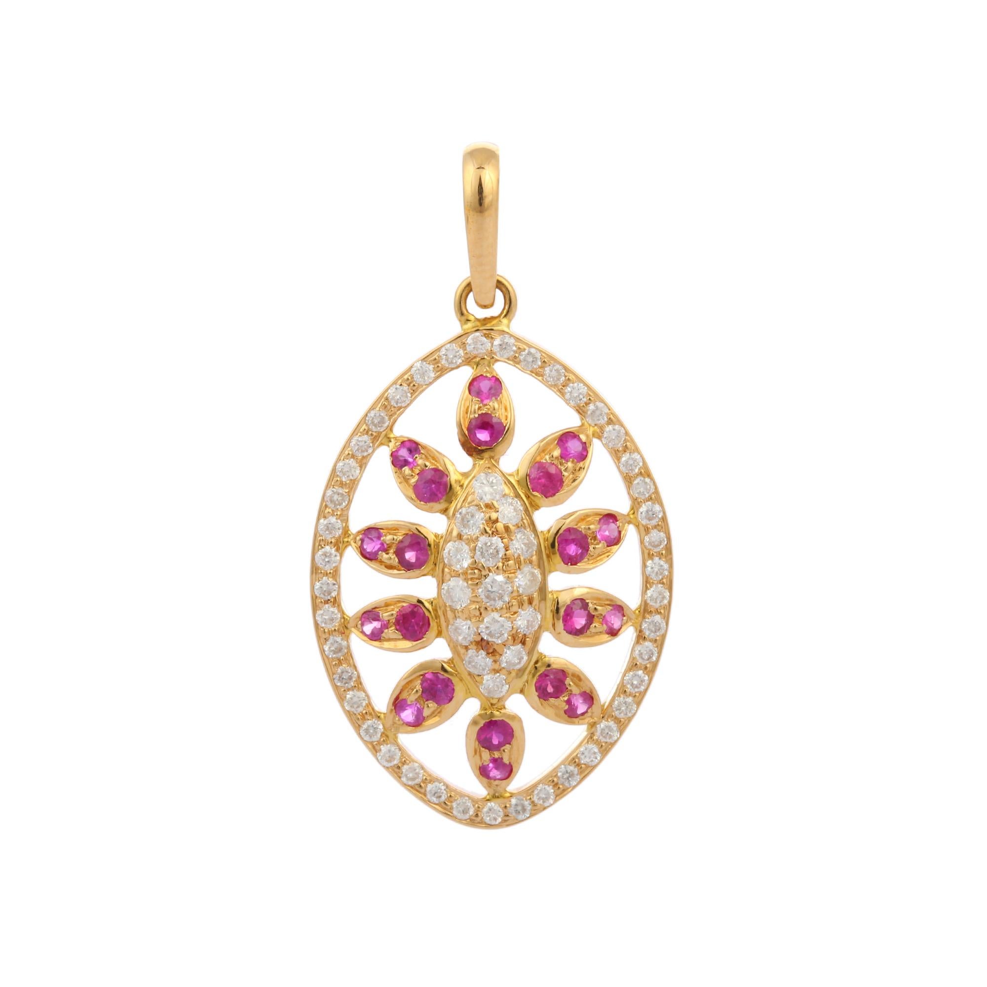 Contemporary natural ruby and diamond pendant in 18K Gold. It has a round cut ruby with diamonds that completes your look with a decent touch. Pendants are used to wear or gifted to represent love and promises. It's an attractive jewelry piece that