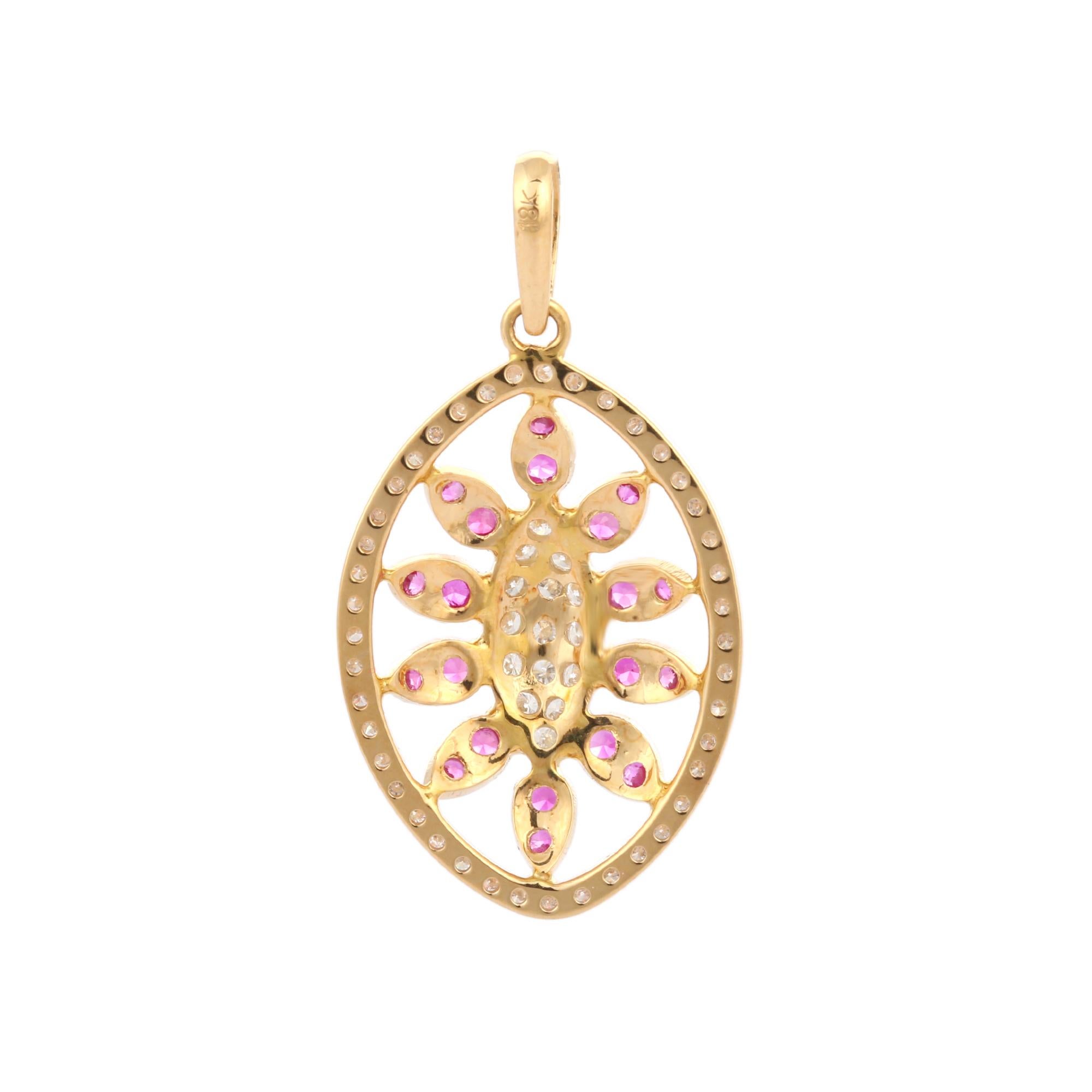 Round Cut Contemporary Red Ruby and Diamond Pendant Encrusted in 18K Yellow Gold For Sale