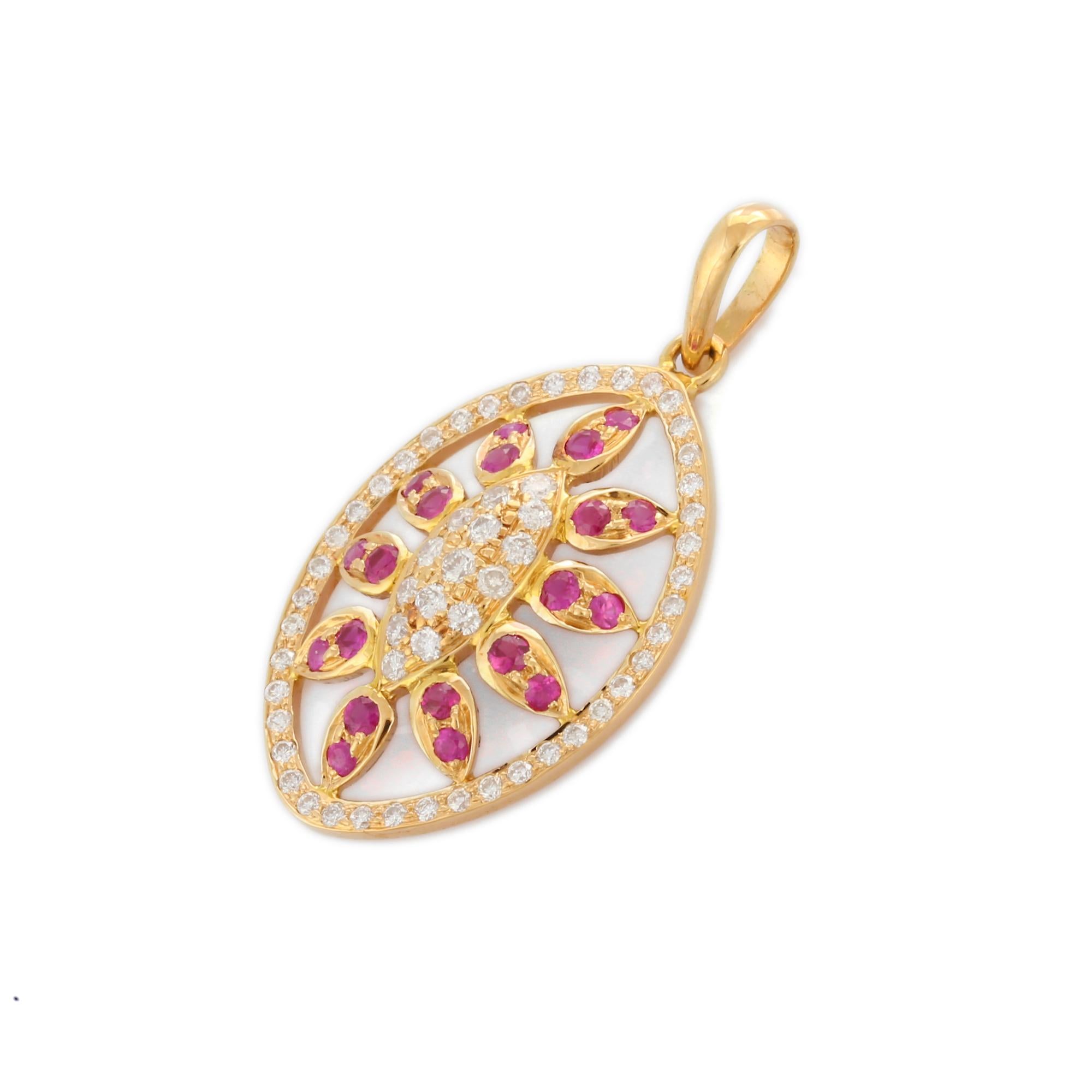 Contemporary Red Ruby and Diamond Pendant Encrusted in 18K Yellow Gold In New Condition For Sale In Houston, TX