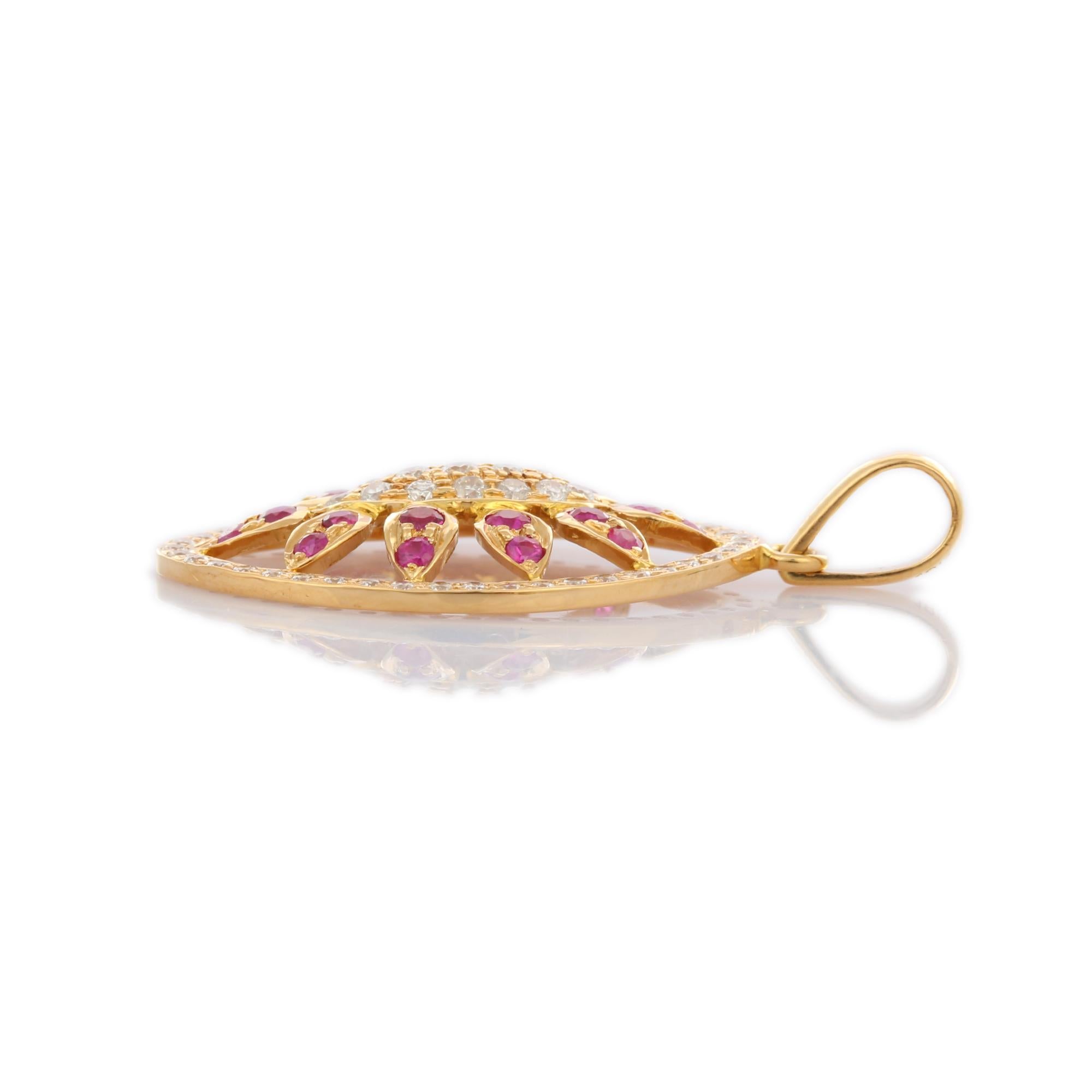 Women's Contemporary Red Ruby and Diamond Pendant Encrusted in 18K Yellow Gold For Sale