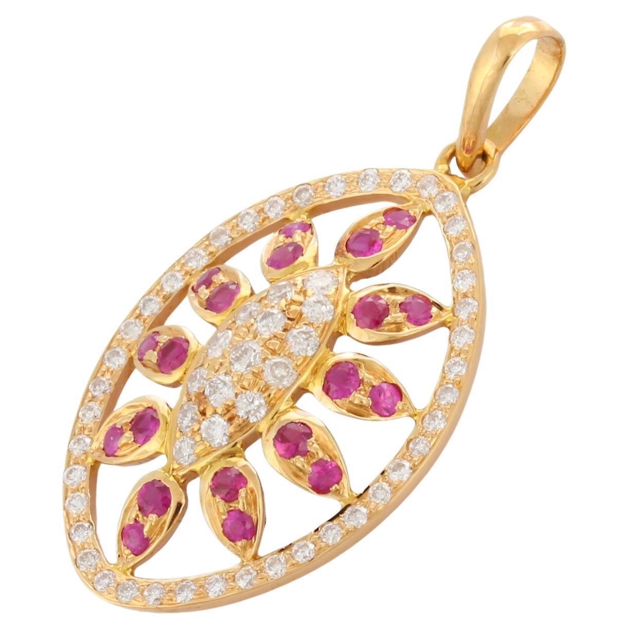 Contemporary Red Ruby and Diamond Pendant Encrusted in 18K Yellow Gold For Sale