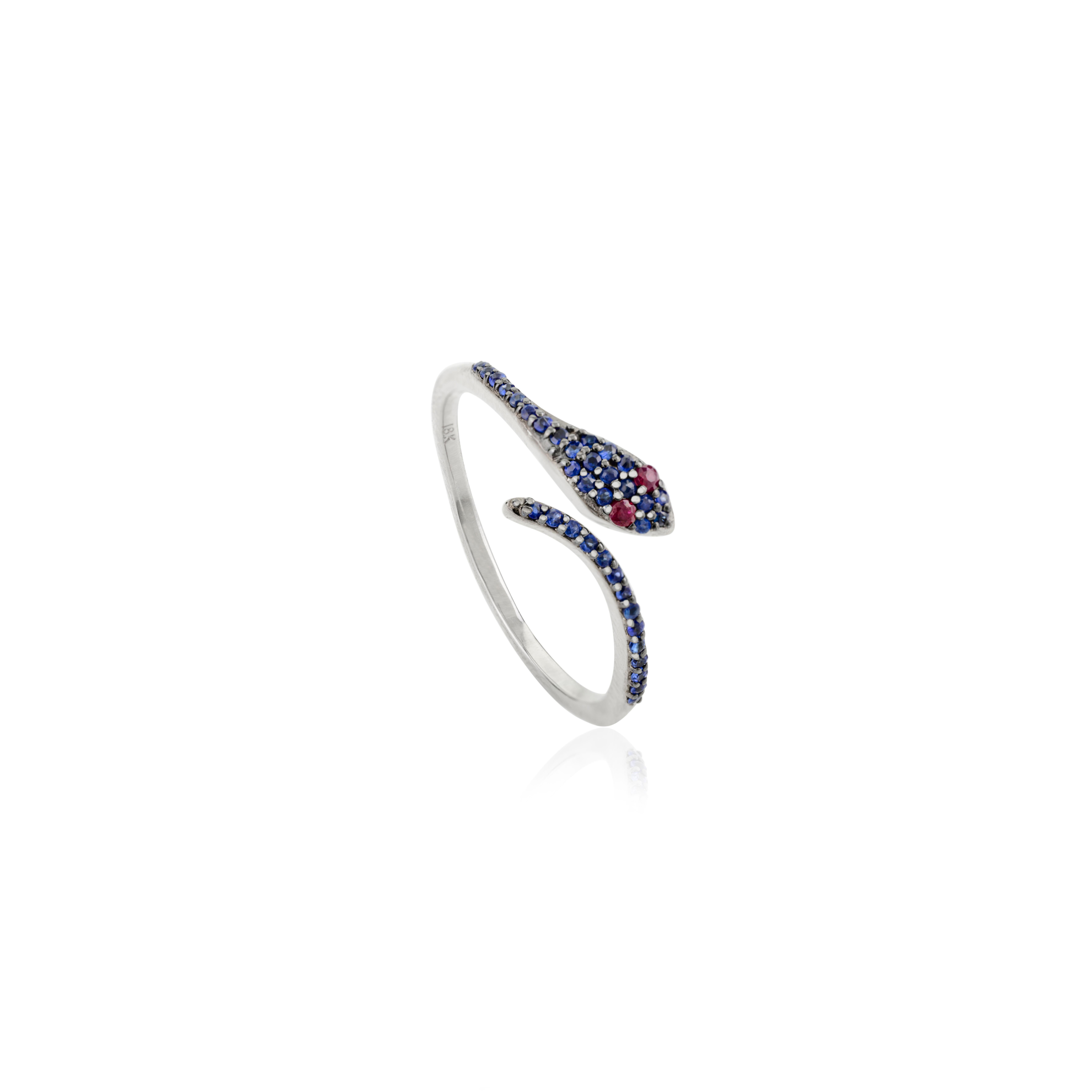 For Sale:  Contemporary Red Ruby Eye Pave Blue Sapphire Thin Snake Ring in 18k White Gold 3