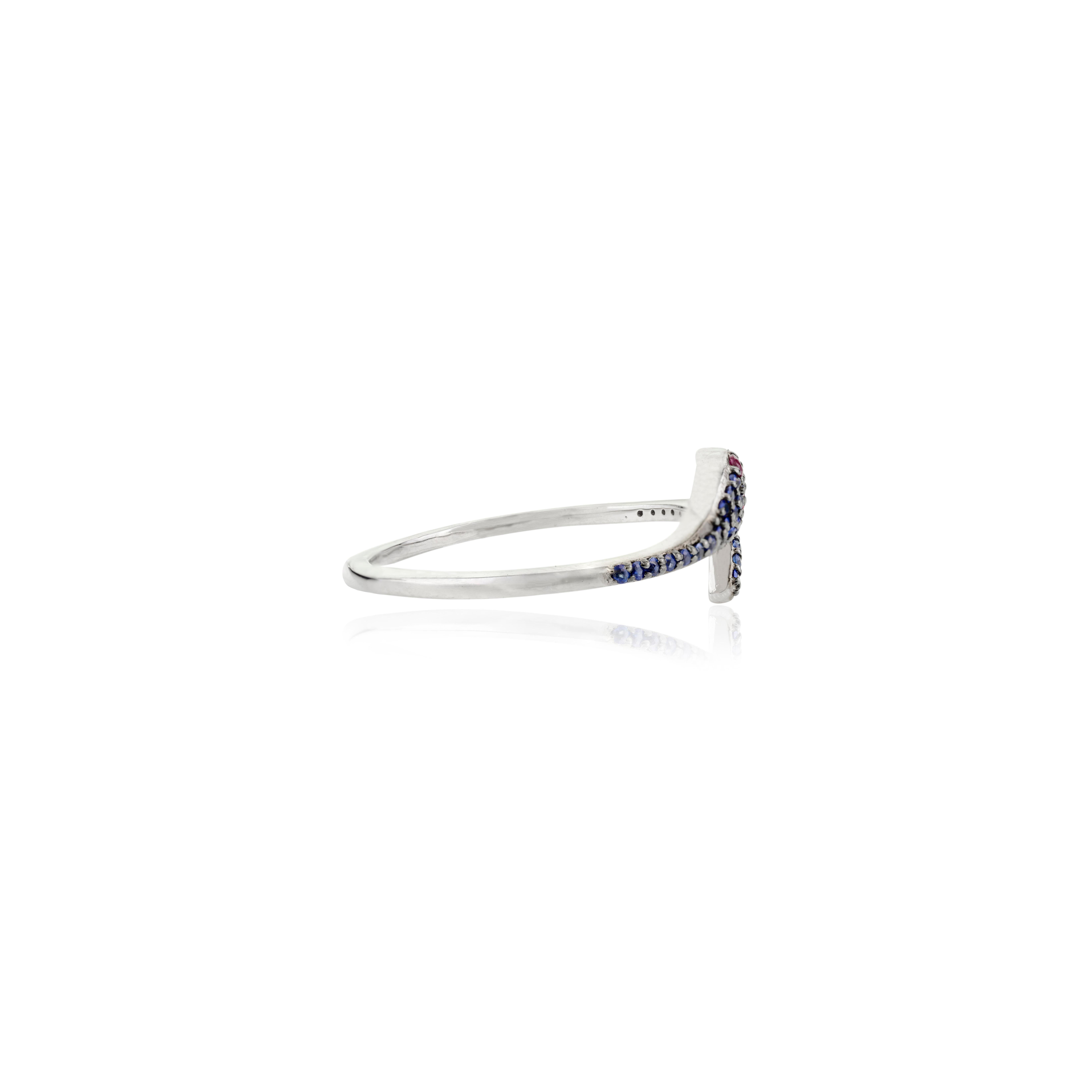 For Sale:  Contemporary Red Ruby Eye Pave Blue Sapphire Thin Snake Ring in 18k White Gold 8