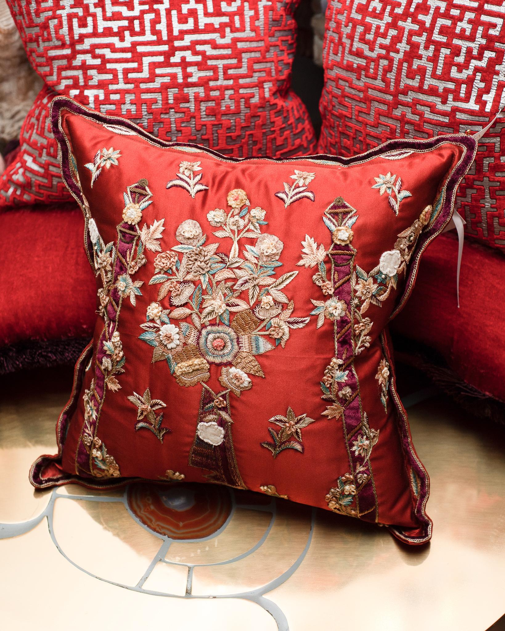 Embroidered Contemporary Red Silk Pillow with Ornate Floral Embroidery
