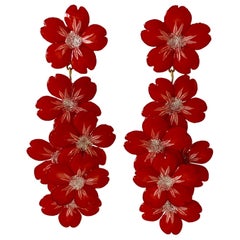 Contemporary Red Silver XL Flower Statement Chandelier Earrings