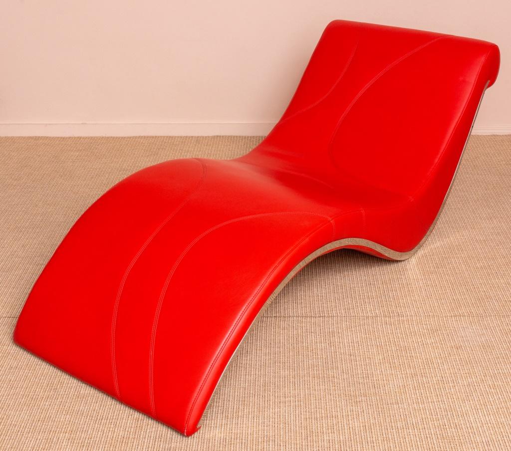 Contemporary Red Vinyl Covered Chaise Longue, with chrome details. 26.5
