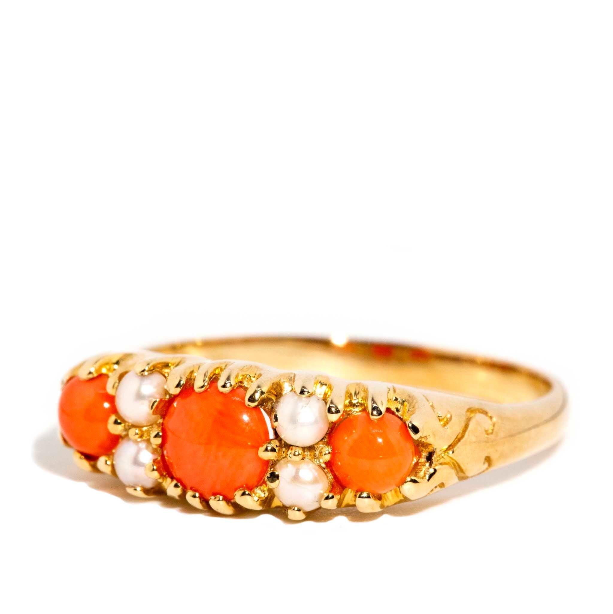 The 9 carat gold Ginger Ring beautifully captures the spirit and joy of an era when musicals danced and sang their way into cinemas. Crafted in gold, her rich red-orange coral and white seed pearls are a celebration of movement and light. She allows