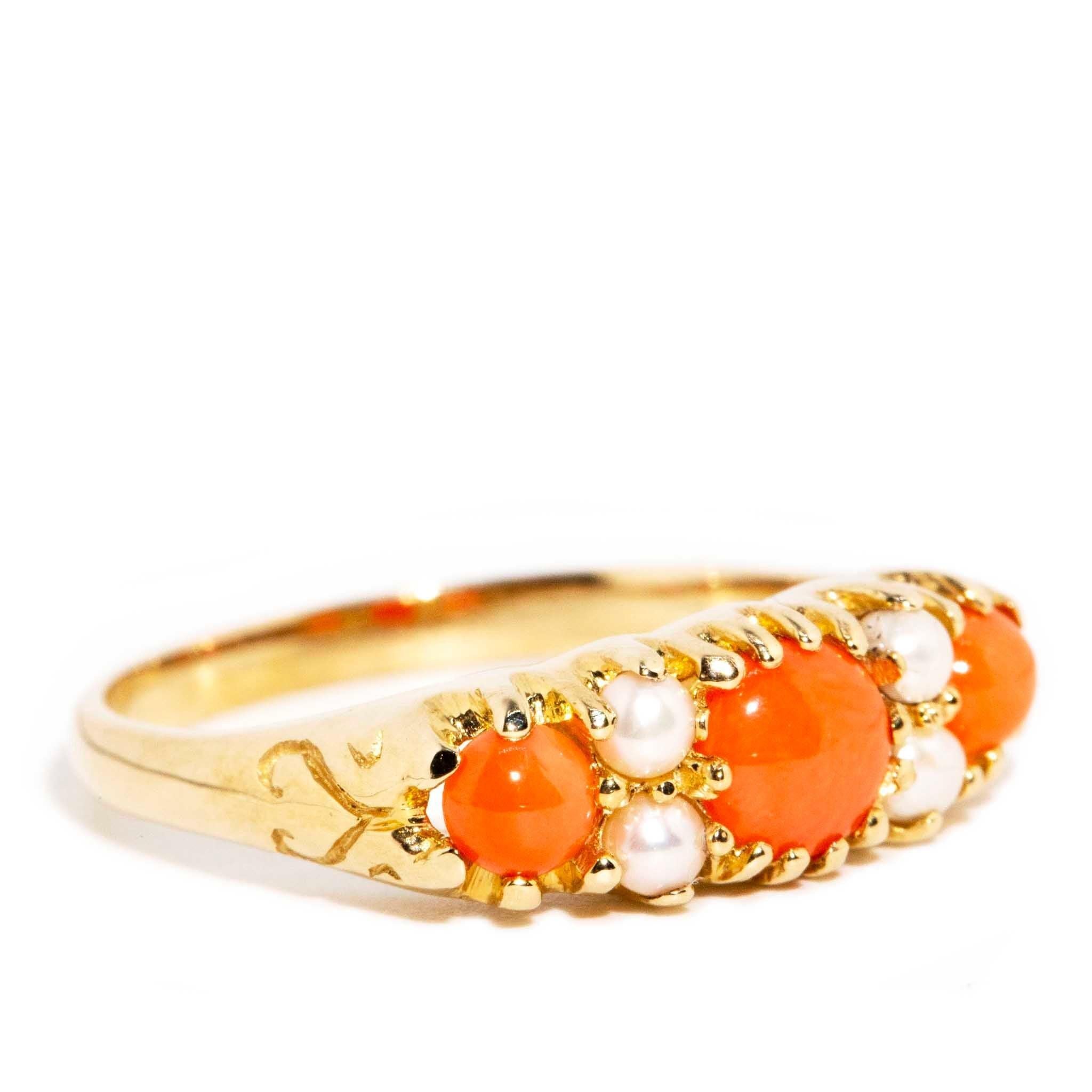 Contemporary Reddish Orange Coral & Seed Pearl Ring 9 Carat Yellow Gold In New Condition For Sale In Hamilton, AU