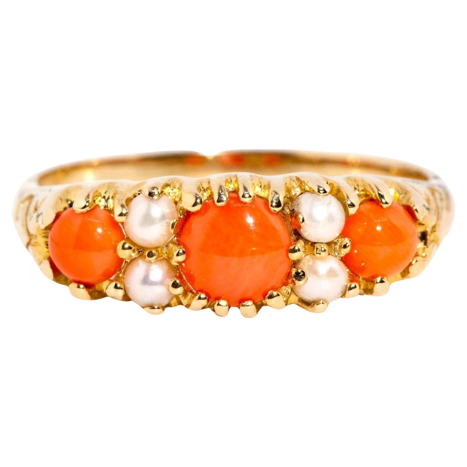 Contemporary Reddish Orange Coral & Seed Pearl Ring 9 Carat Yellow Gold For Sale