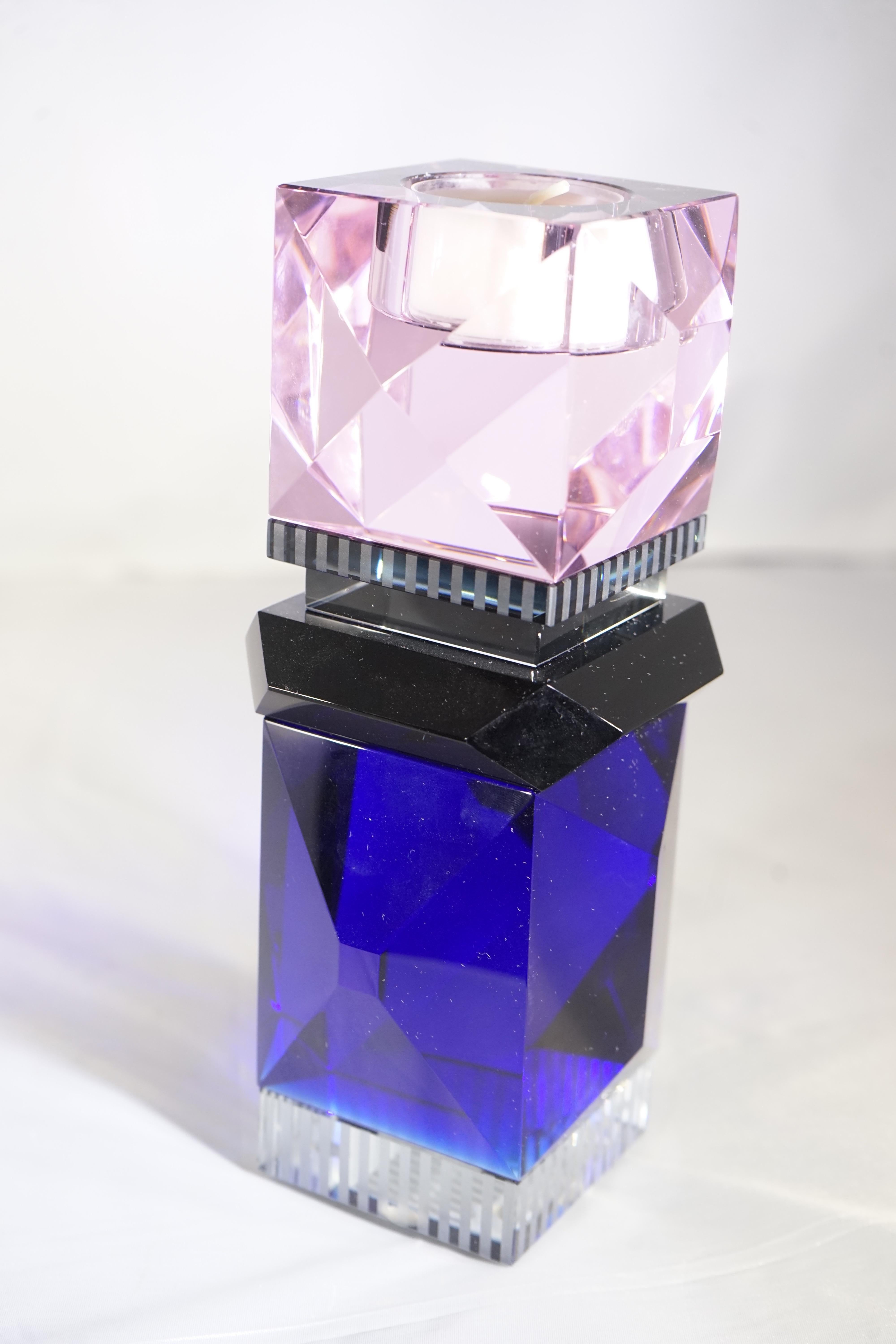 Contemporary hand-cut pink, blue, clear and black crystal Miami t-light holder (and candle).. The colourful look is inspired by the pastel-colored hotels of South Beach, Miami, and showcases signature geometric shapes and wedges.