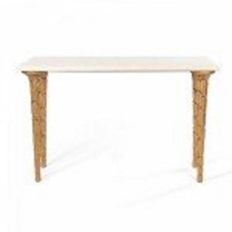 Contemporary Regency style console table with gold carved palm legs and an off-white marble top. 

Can be made custom size and colors.
 