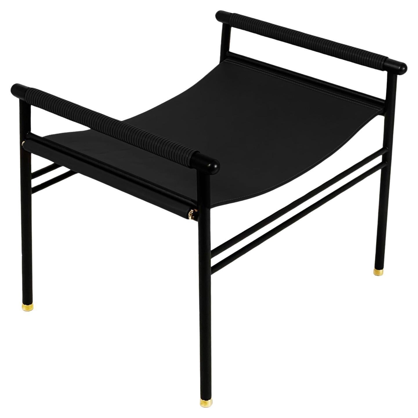 Contemporary Repose Ottoman Footstool Black Smoke Steel & Black Leather