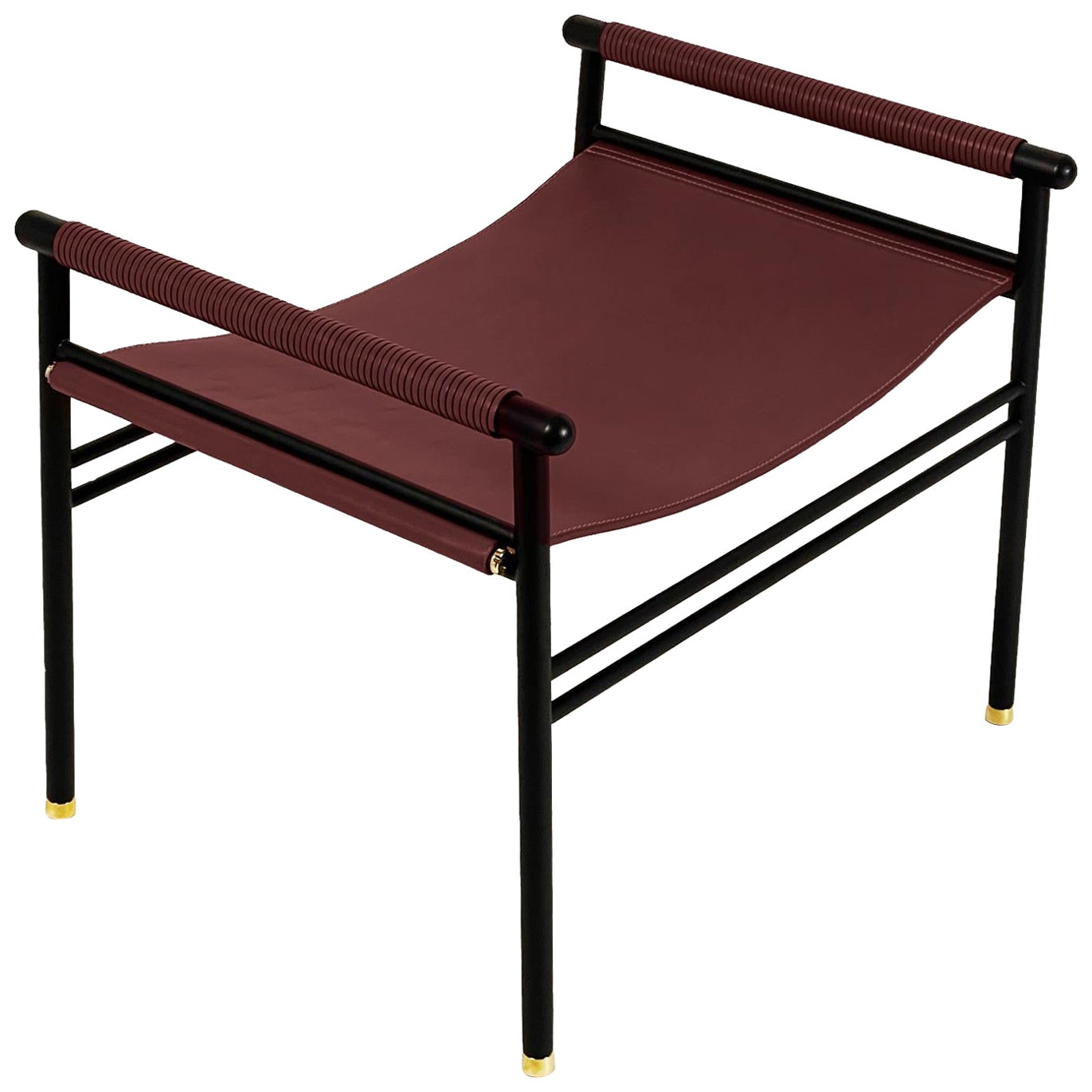 Contemporary Repose Ottoman Footstool Black Smoke Steel & Dark Brown Leather