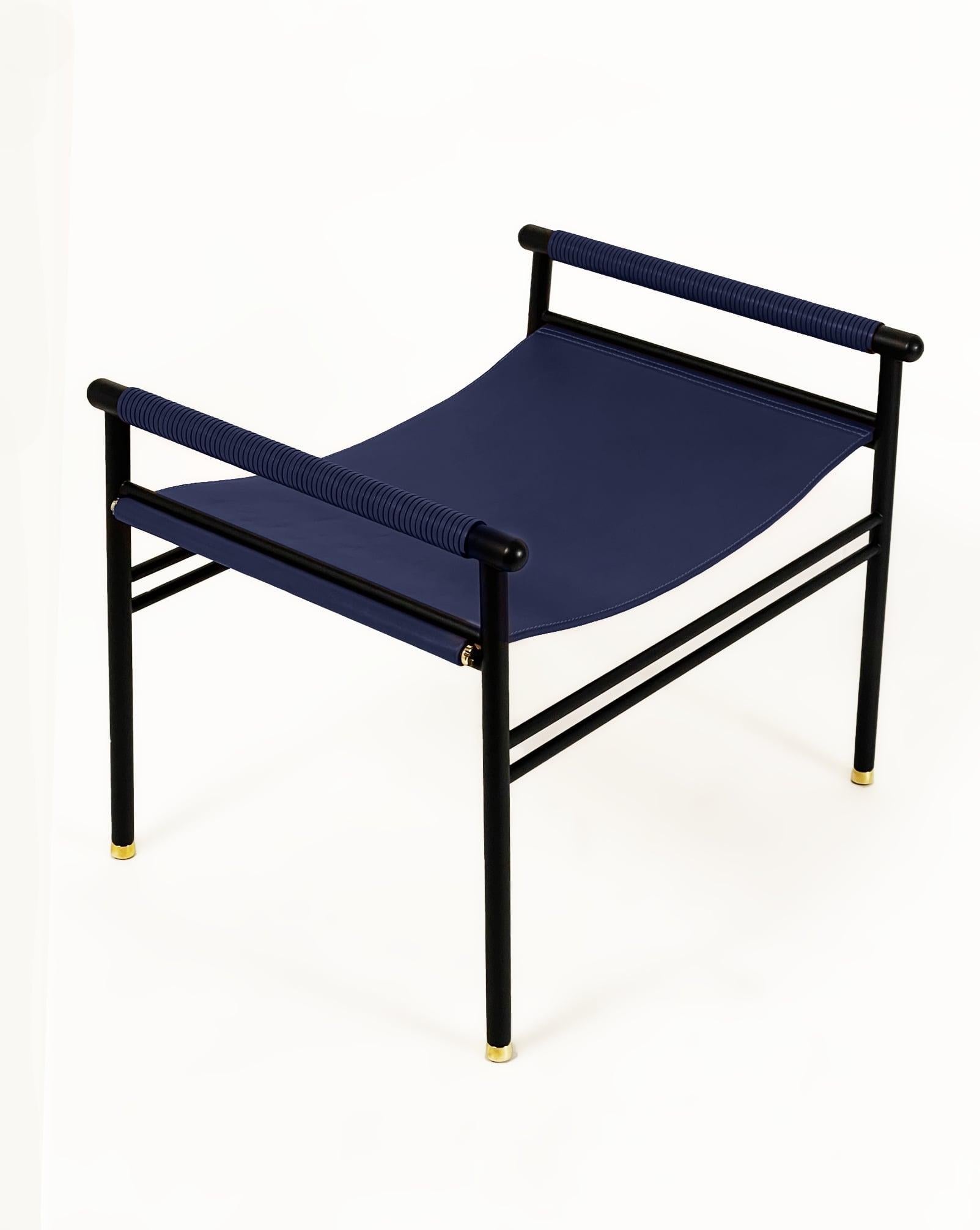 Spanish Contemporary Repose Ottoman Footstool Black Smoke Steel & Navy Blue Leather  For Sale