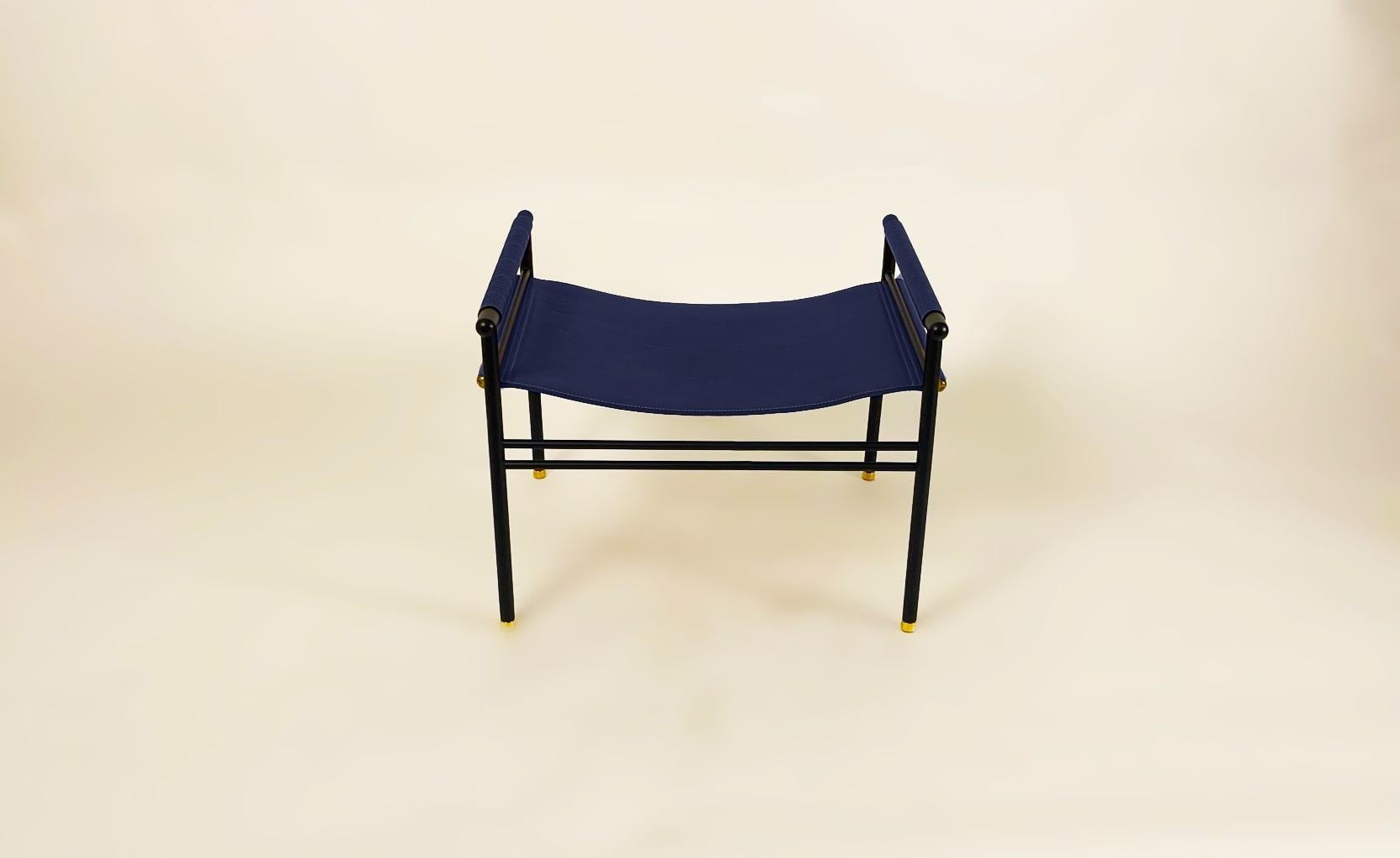 Polished Contemporary Repose Ottoman Footstool Black Smoke Steel & Navy Blue Leather  For Sale