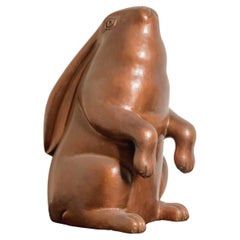 Contemporary Repoussé Antiqued Copper Sitting Rabbit Sculpture by Robert Kuo