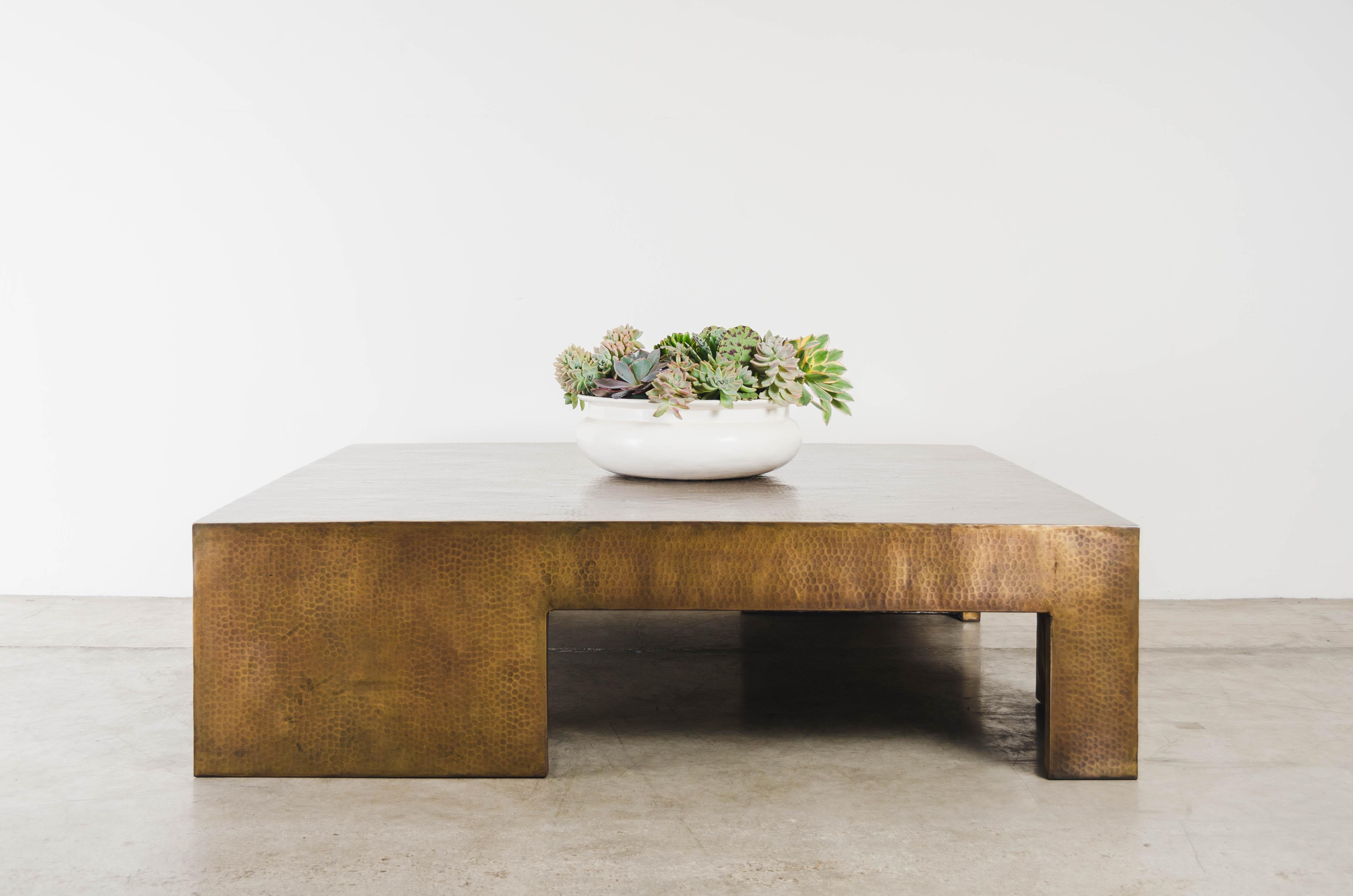 Minimalist Contemporary Repousse Brass Low Square Table with Alternate Legs by Robert Kuo
