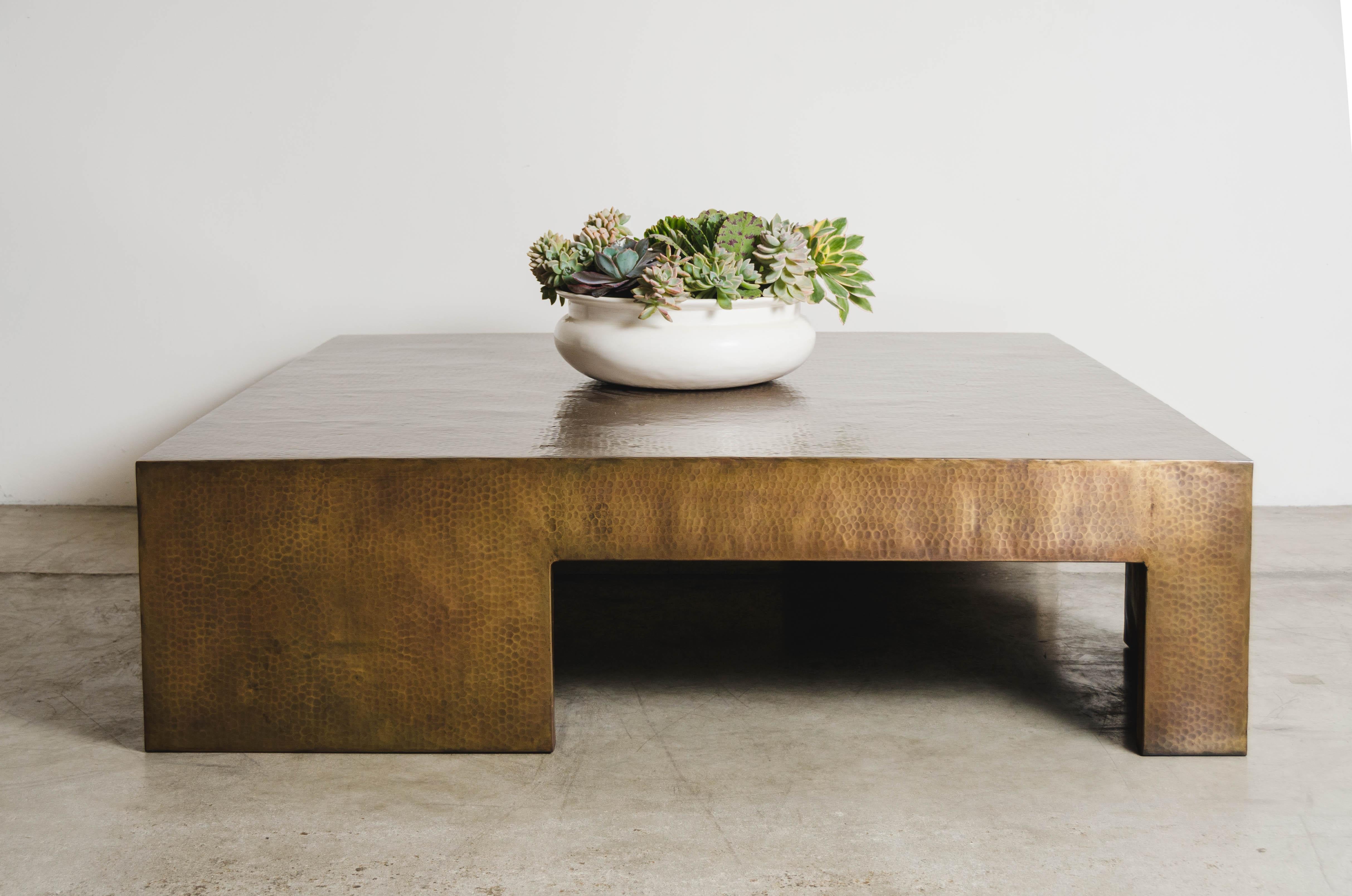 Repoussé Contemporary Repousse Brass Low Square Table with Alternate Legs by Robert Kuo