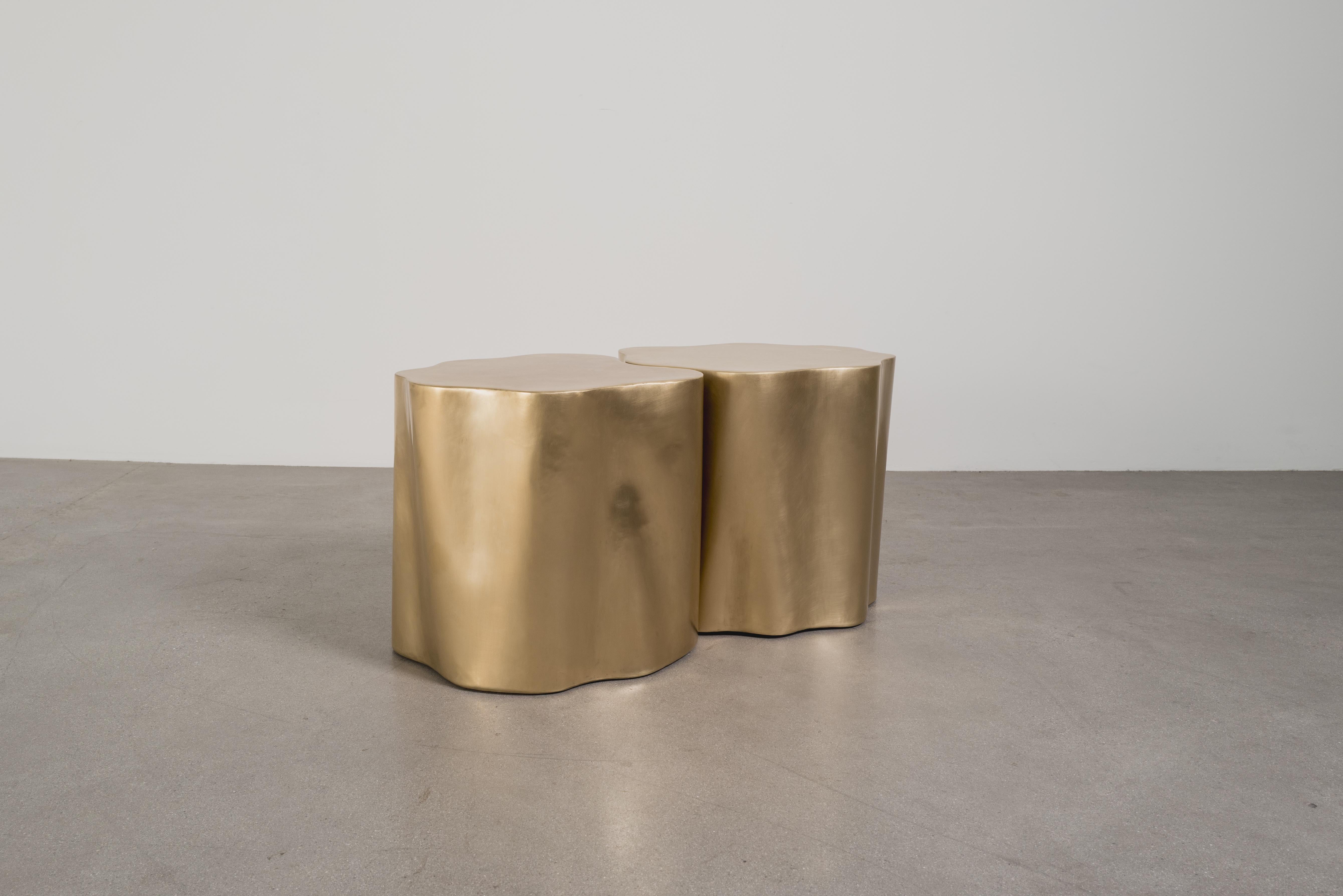 Contemporary Repoussé Brass Root Drum Tables, Set of 2 by Robert Kuo In New Condition For Sale In Los Angeles, CA