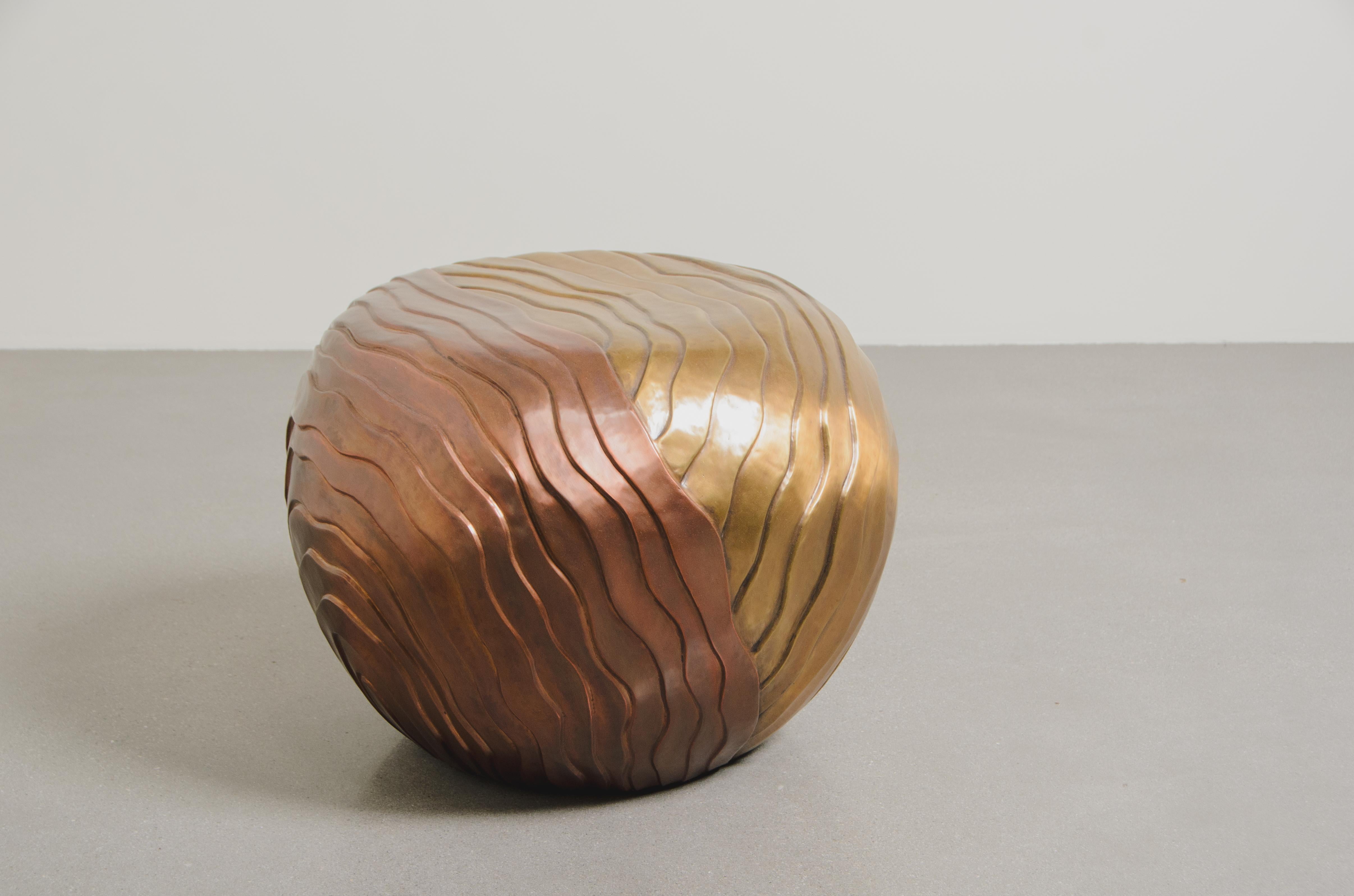 Modern Contemporary Repoussé Cascade Low Drumstool in Copper & Brass by Robert Kuo For Sale