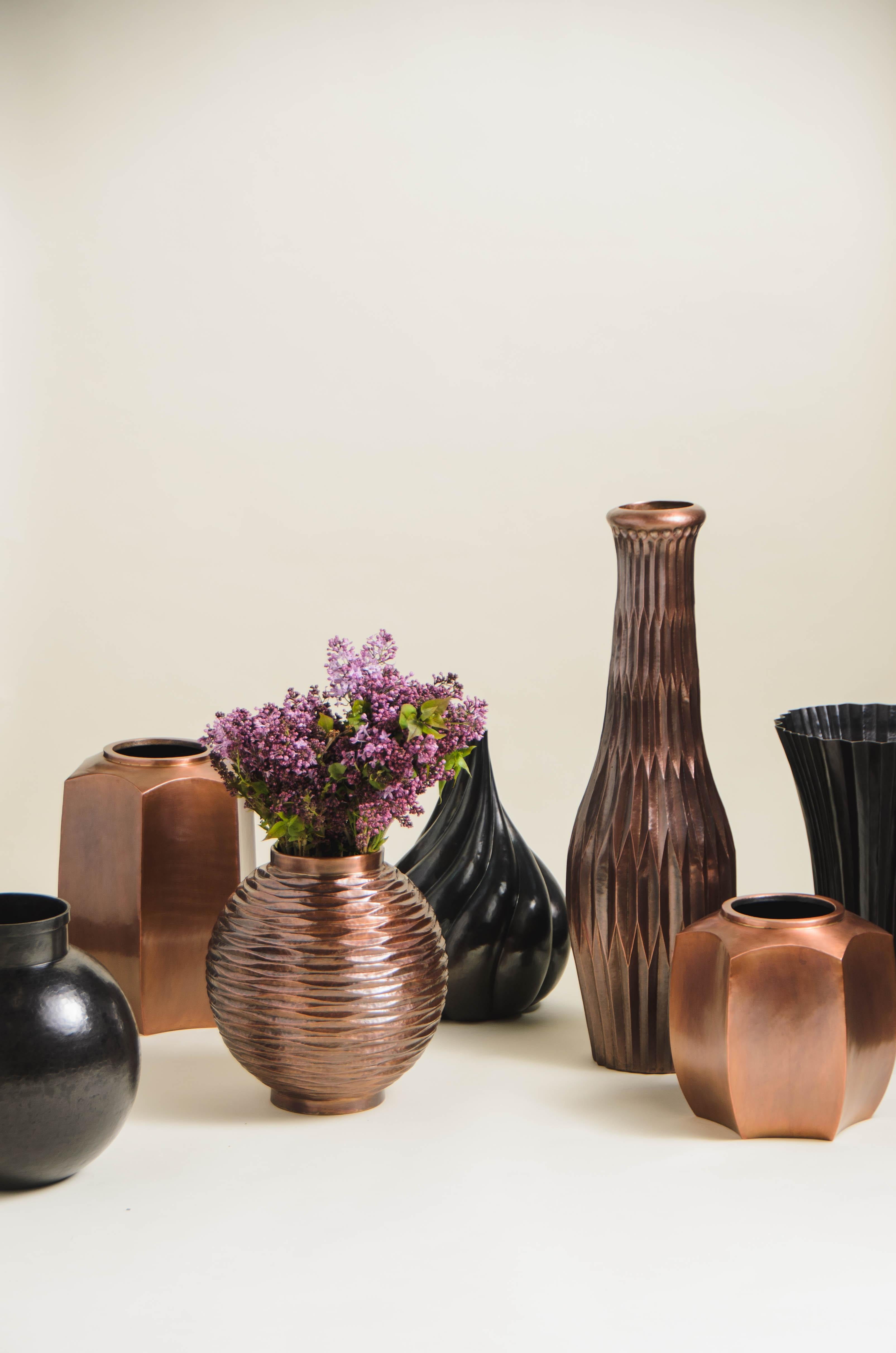 Contemporary Repousse Fan Design Vase in Black Copper by Robert Kuo, Limited For Sale 1