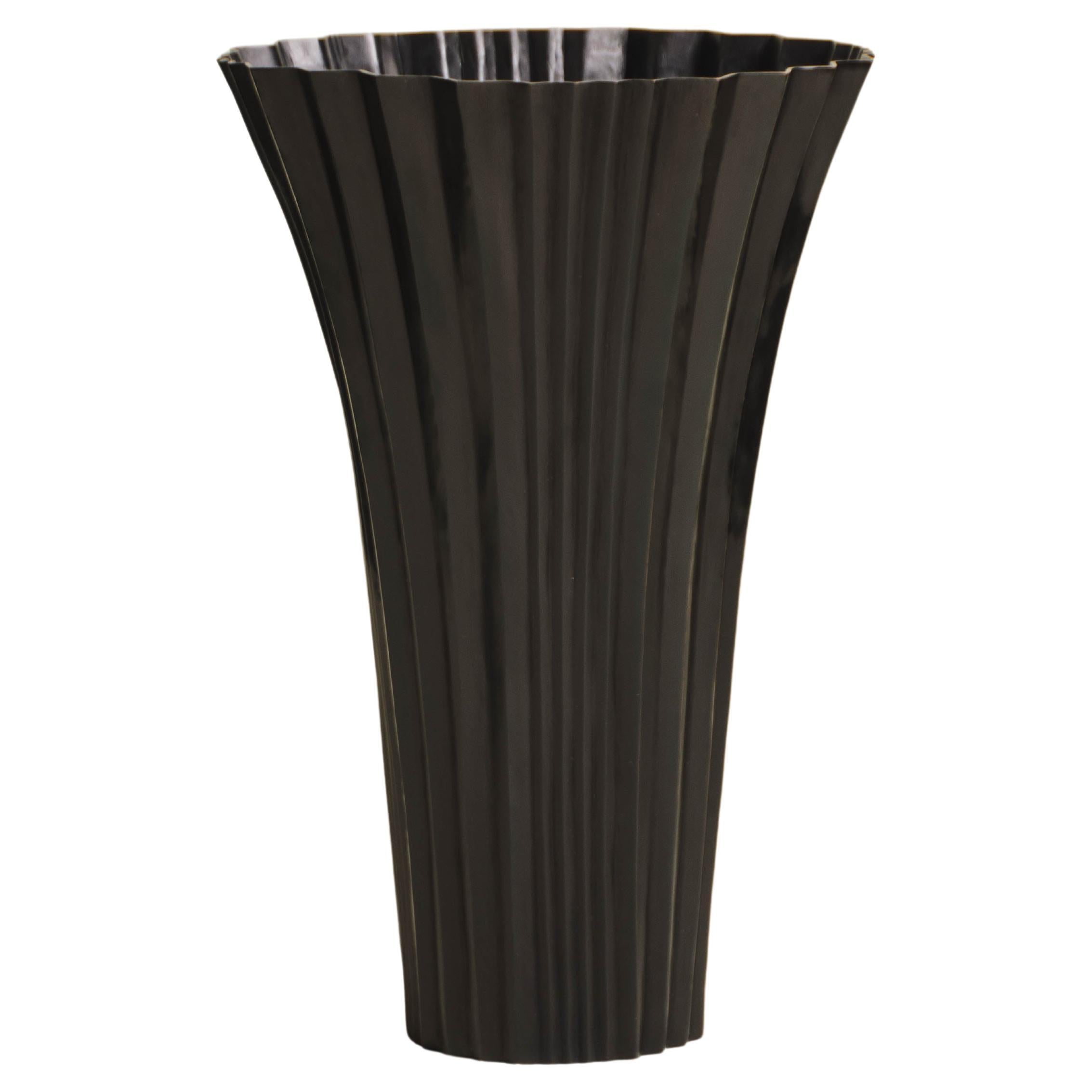 Contemporary Repousse Fan Design Vase in Black Copper by Robert Kuo, Limited For Sale