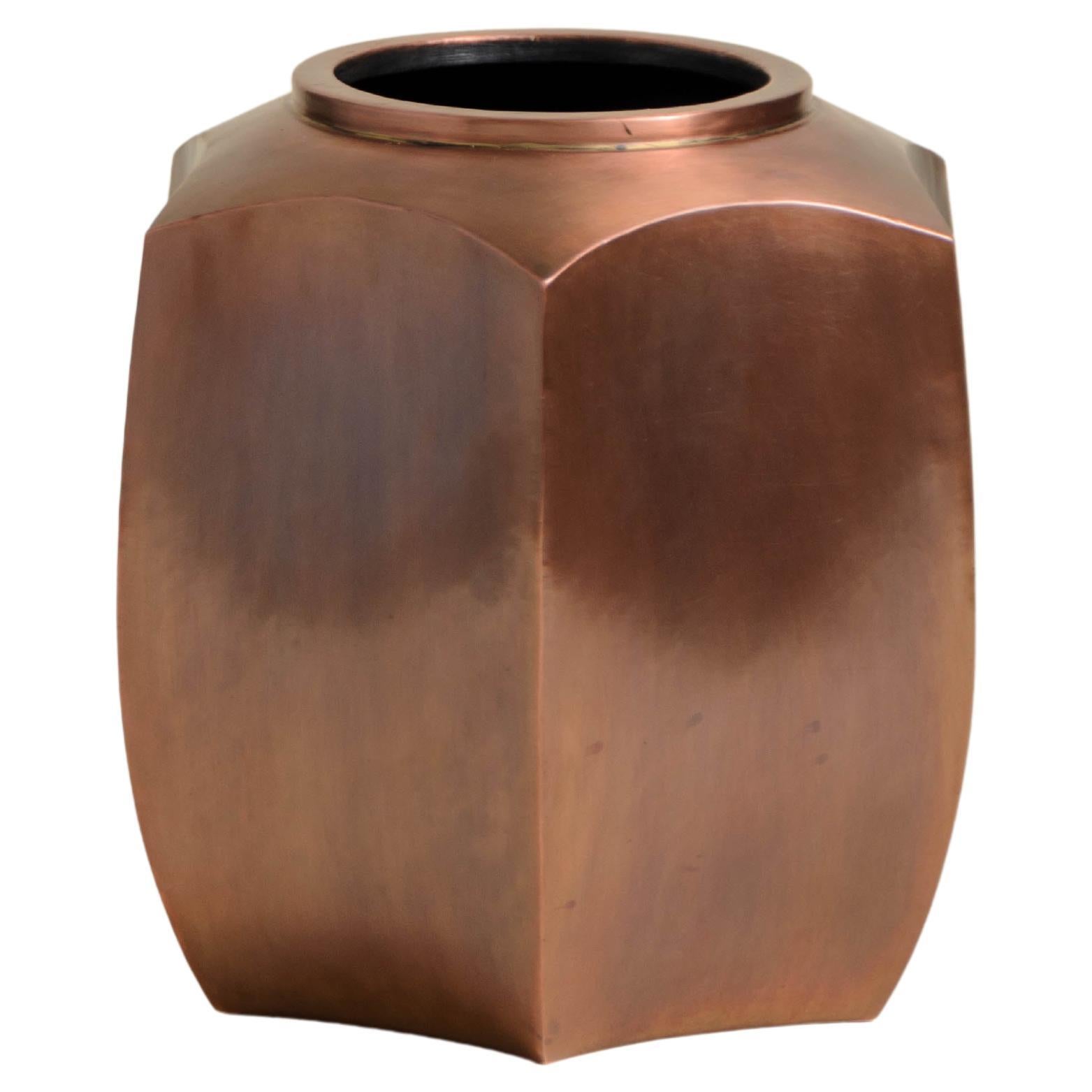 Contemporary Repoussé Hexagonal Short Jar in Antique Copper by Robert Kuo For Sale