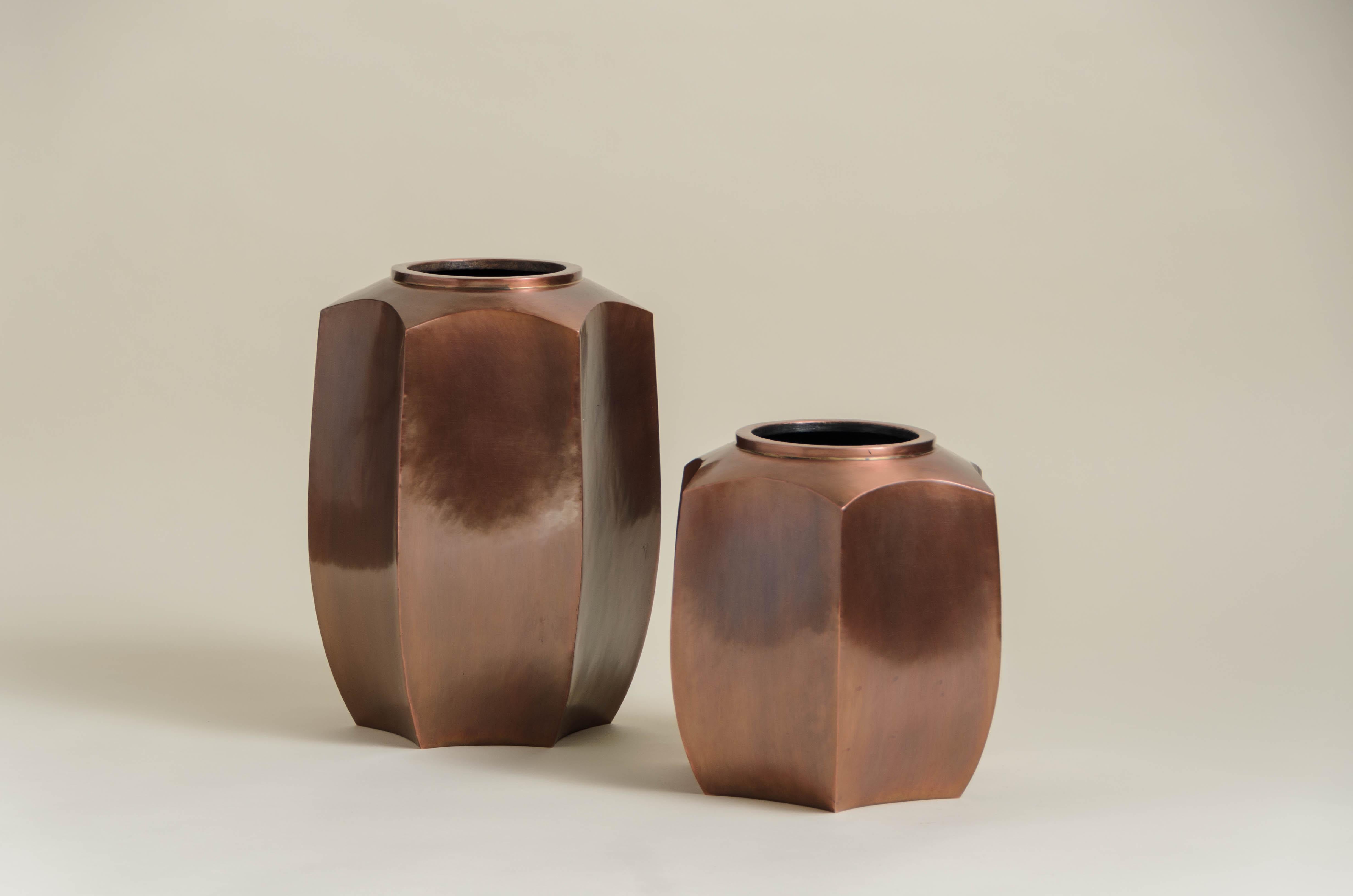 Modern Contemporary Repoussé Hexagonal Tall Jar in Antique Copper by Robert Kuo For Sale