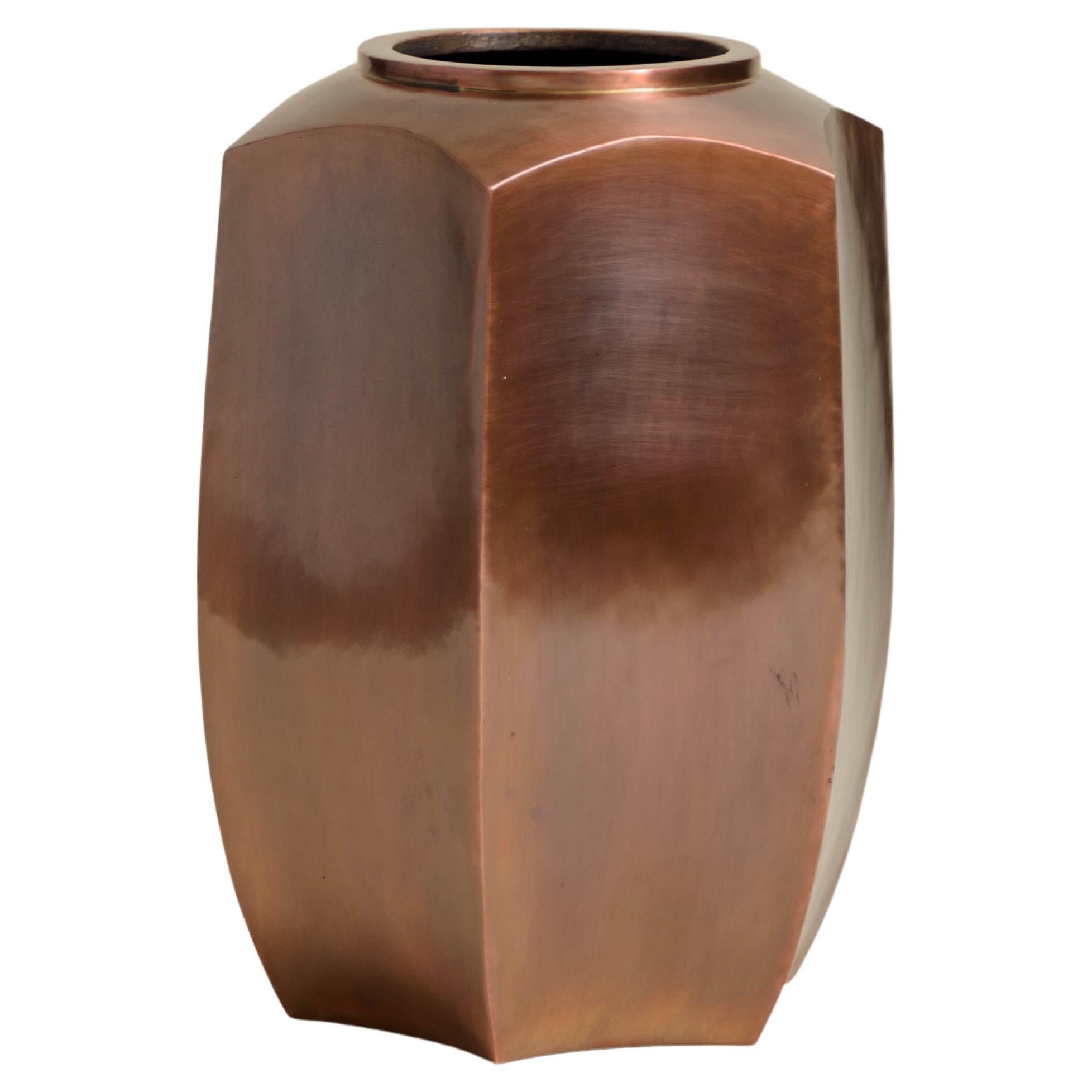 Contemporary Repoussé Hexagonal Tall Jar in Antique Copper by Robert Kuo For Sale