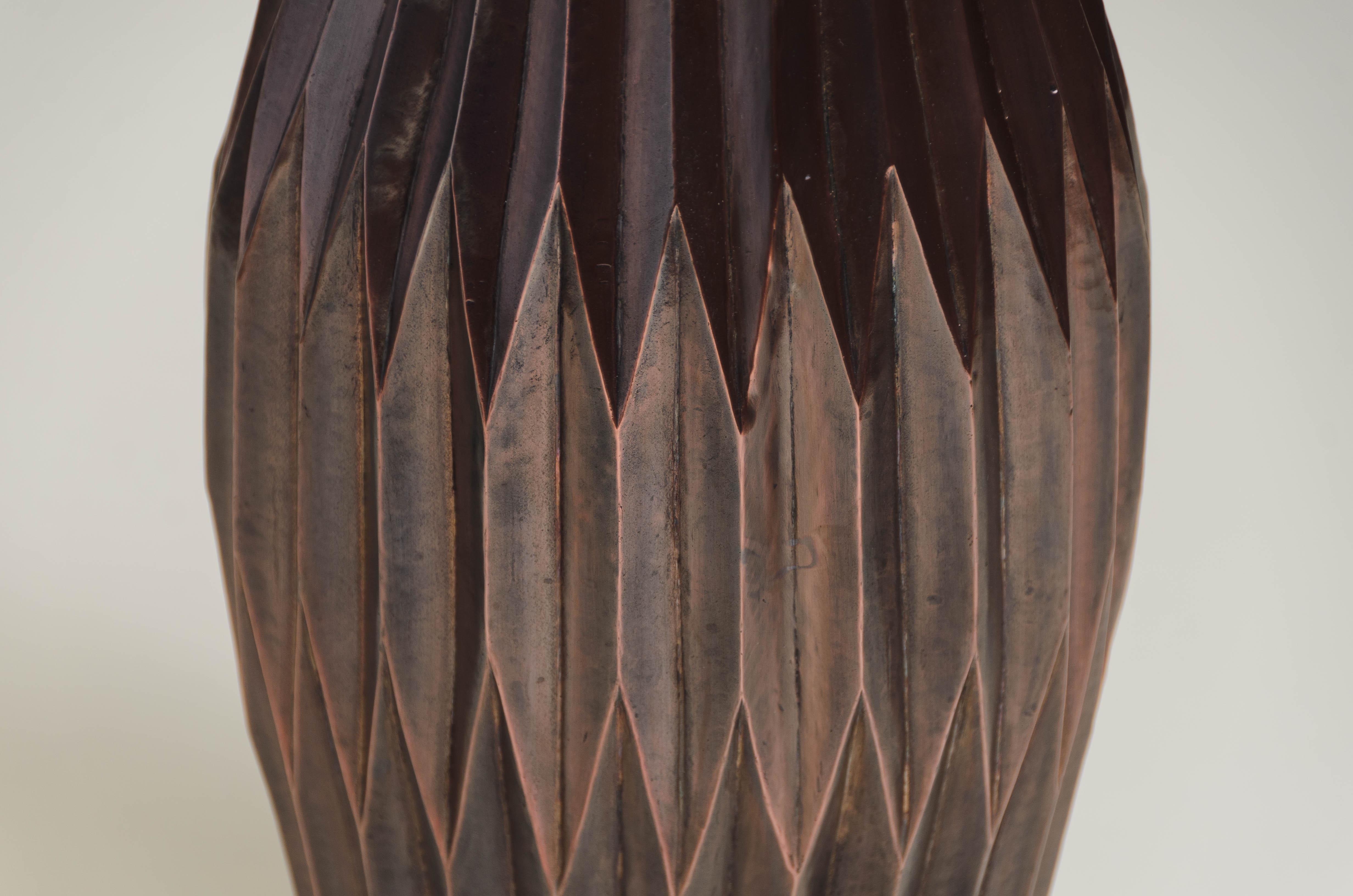Anodized Contemporary Repoussé Tall Lantern Design Vase in Antique Copper by Robert Kuo For Sale