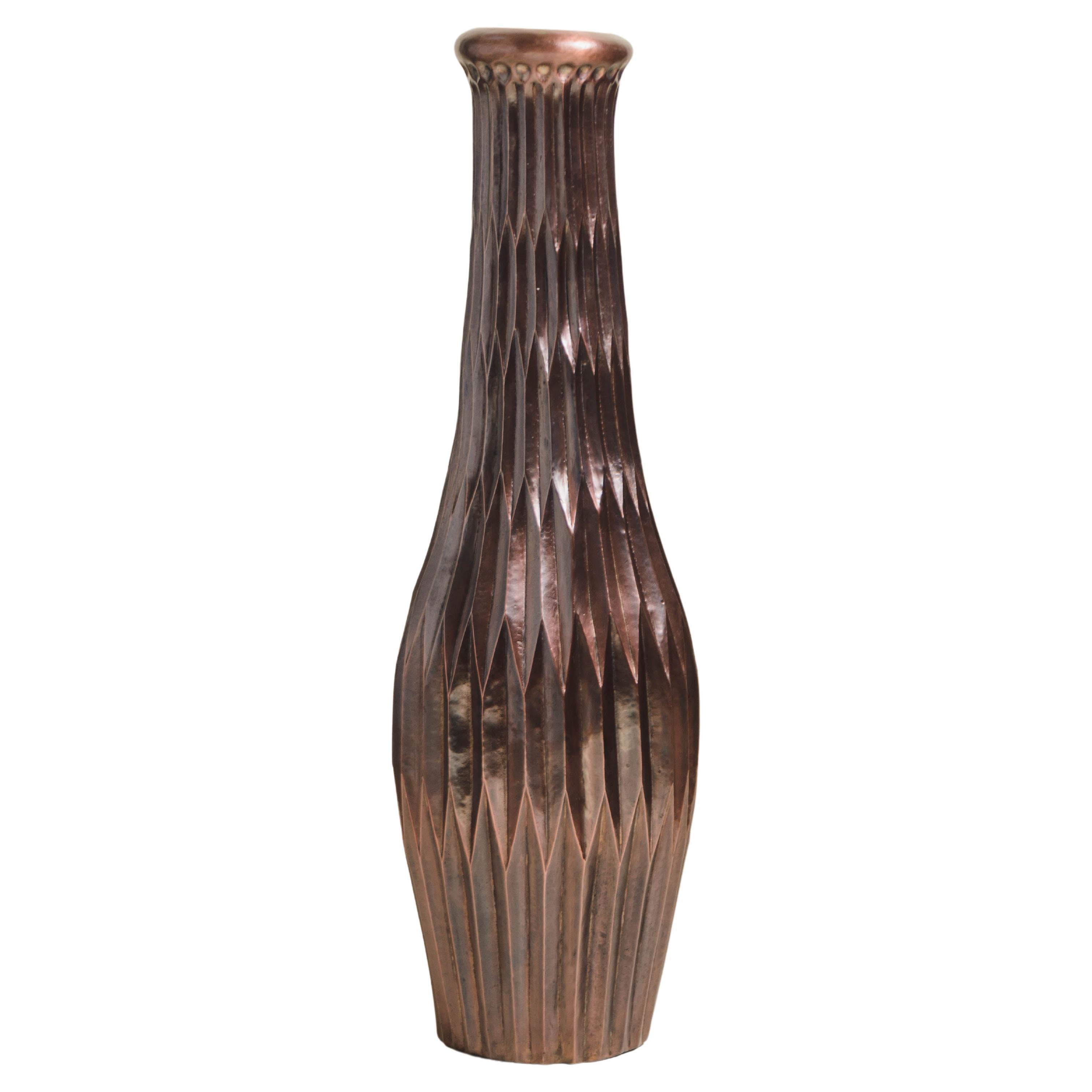 Contemporary Repoussé Tall Lantern Design Vase in Antique Copper by Robert Kuo